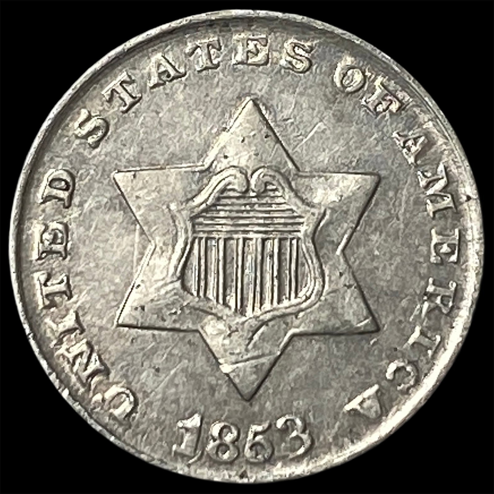 1853 Silver Three-Cent Piece CLOSELY UNCIRCULATED: 1853 Silver Three-Cent Piece CLOSELY UNCIRCULATED