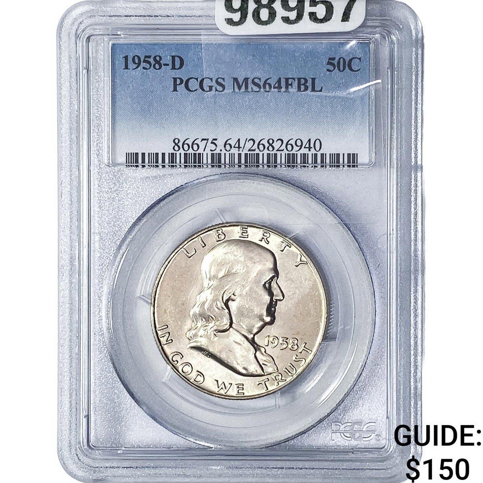 1958-D Franklin Half Dollar PCGS MS64 FBL: 1958-D Franklin Half Dollar PCGS MS64 FBL