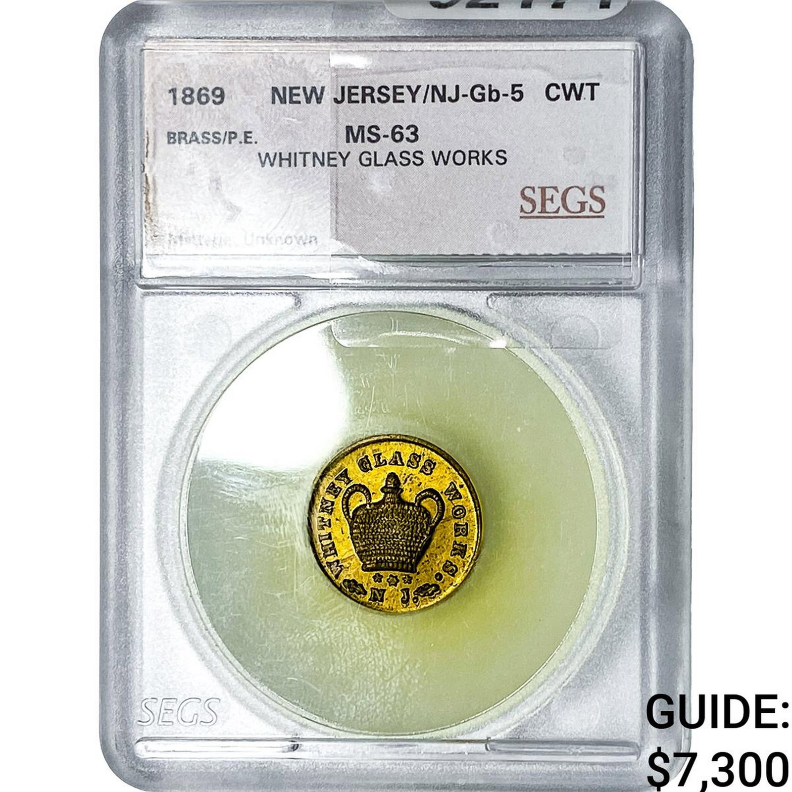 1869 Trade Token Whitney Glass Works NJ SEGS MS63: 1869 Trade Token Whitney Glass Works NJ SEGS MS63