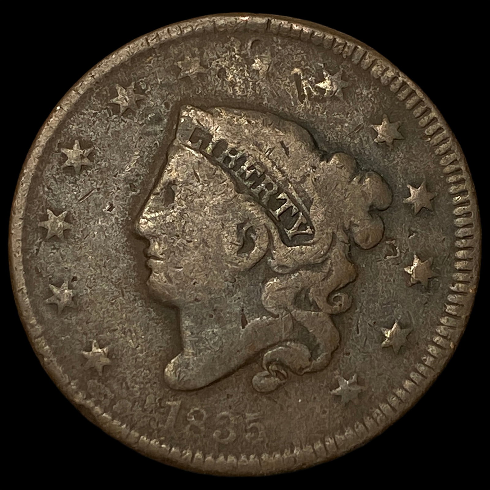 1835 Coronet Head Large Cent NICELY CIRCULATED: 1835 Coronet Head Large Cent NICELY CIRCULATED