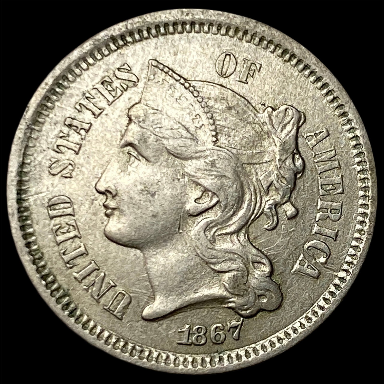 1867 Nickel Three-Cent Piece CLOSELY UNCIRCULATED: 1867 Nickel Three-Cent Piece CLOSELY UNCIRCULATED