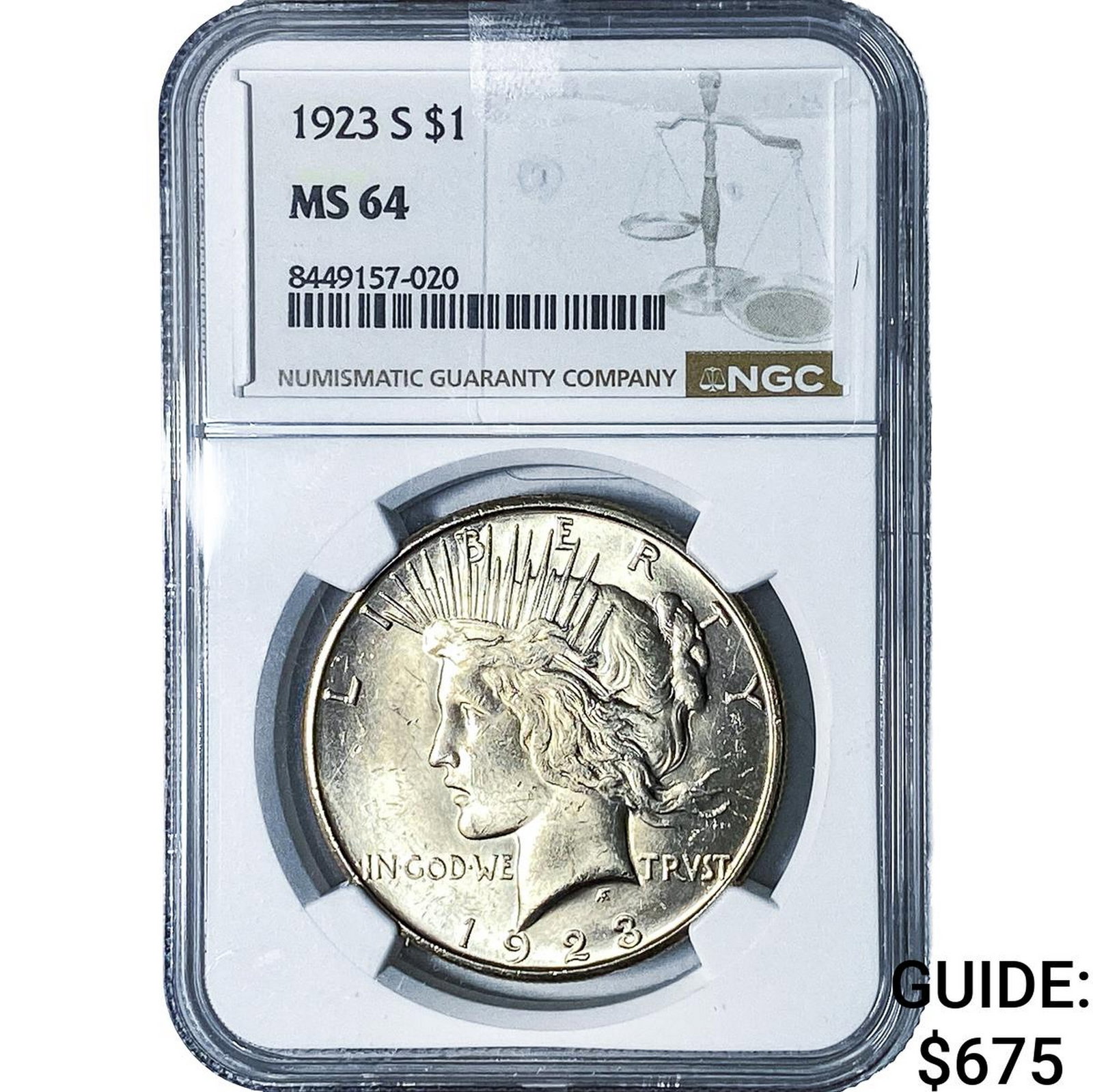 1923-S Silver Peace Dollar NGC MS64: 1923-S Silver Peace Dollar NGC MS64
