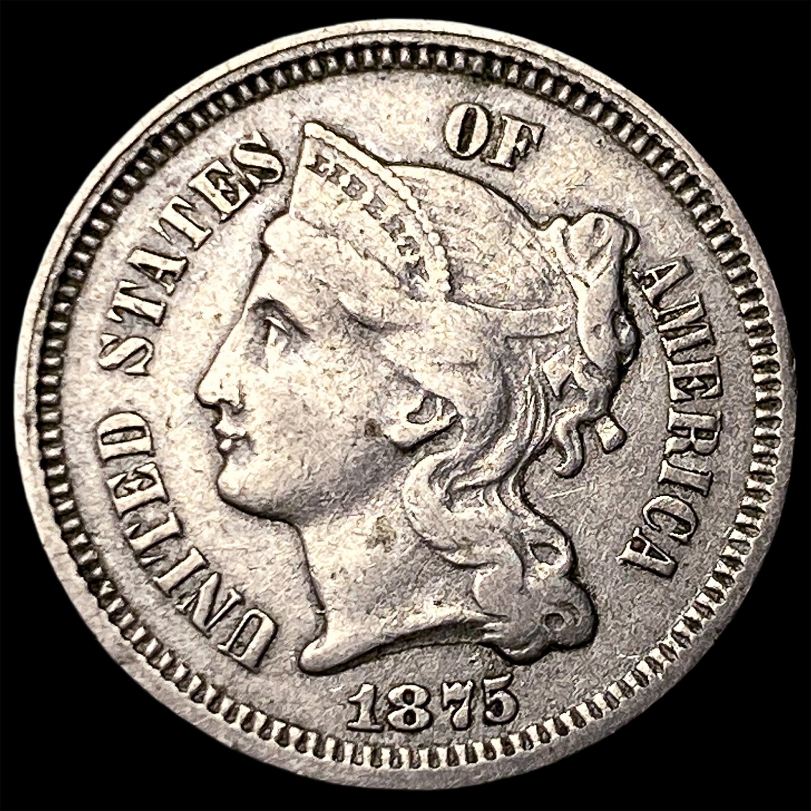 1875 Nickel Three-Cent Piece NEARLY UNCIRCULATED: 1875 Nickel Three-Cent Piece NEARLY UNCIRCULATED