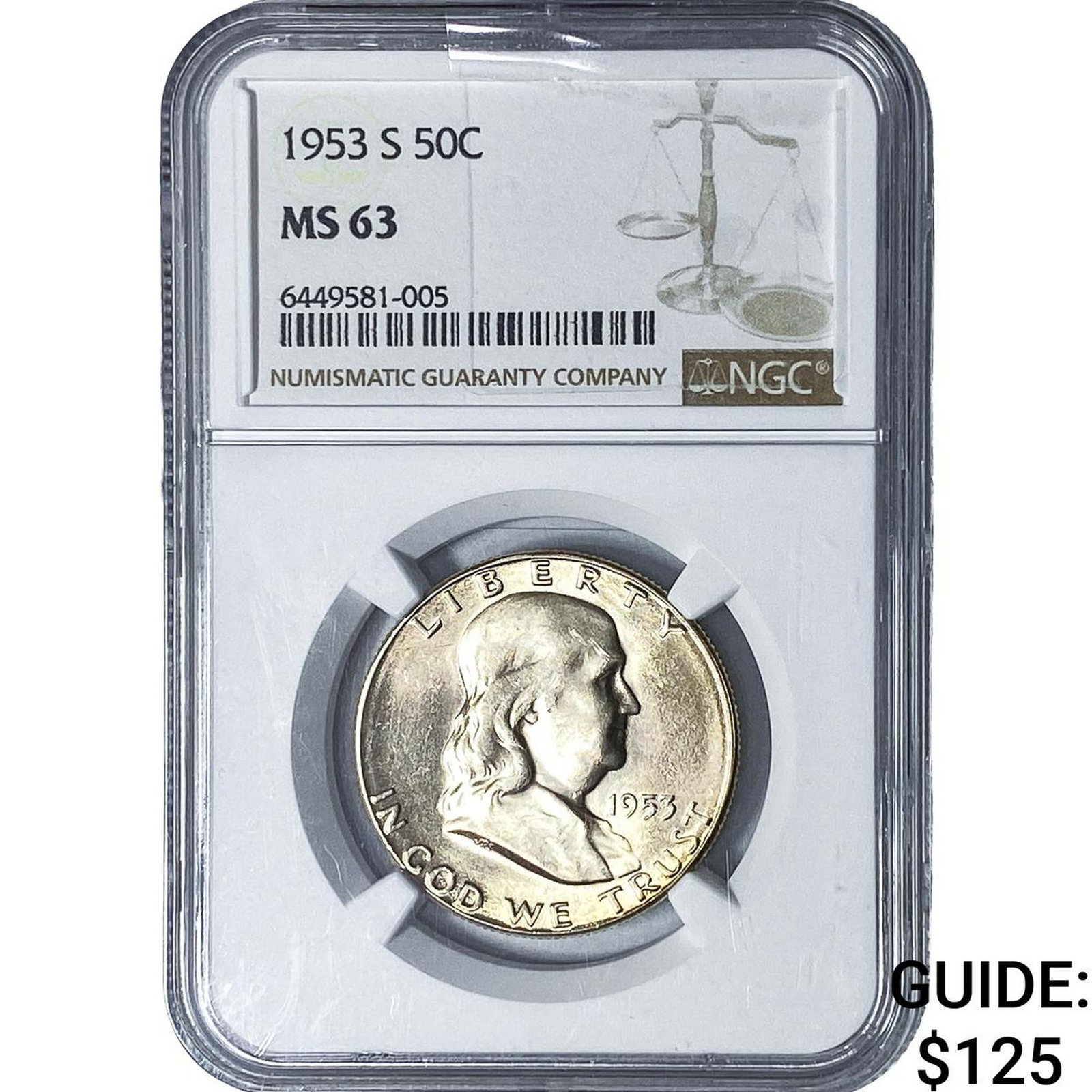 1953-S Franklin Half Dollar NGC MS63: 1953-S Franklin Half Dollar NGC MS63