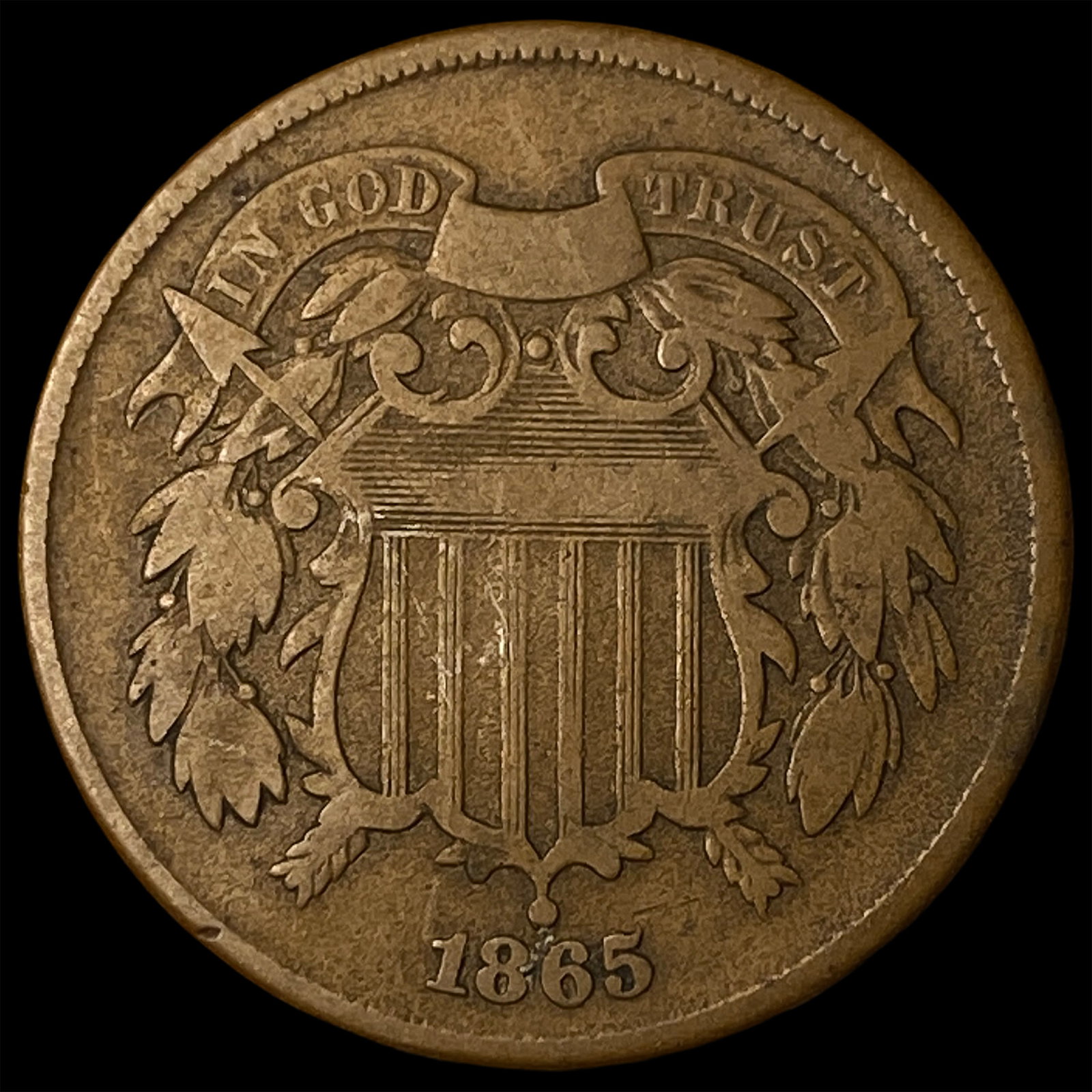 1865 Copper Two-Cent Piece LIGHTLY CIRCULATED: 1865 Copper Two-Cent Piece LIGHTLY CIRCULATED