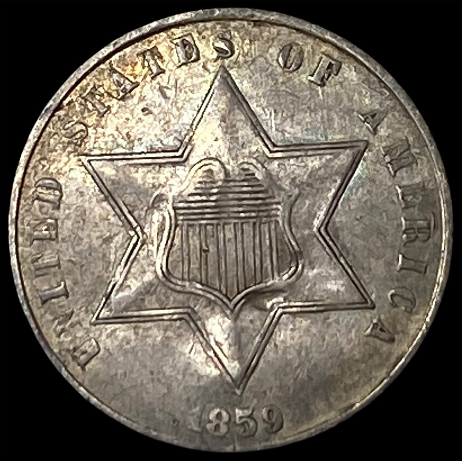 1859 Silver Three-Cent Piece CLOSELY UNCIRCULATED: 1859 Silver Three-Cent Piece CLOSELY UNCIRCULATED