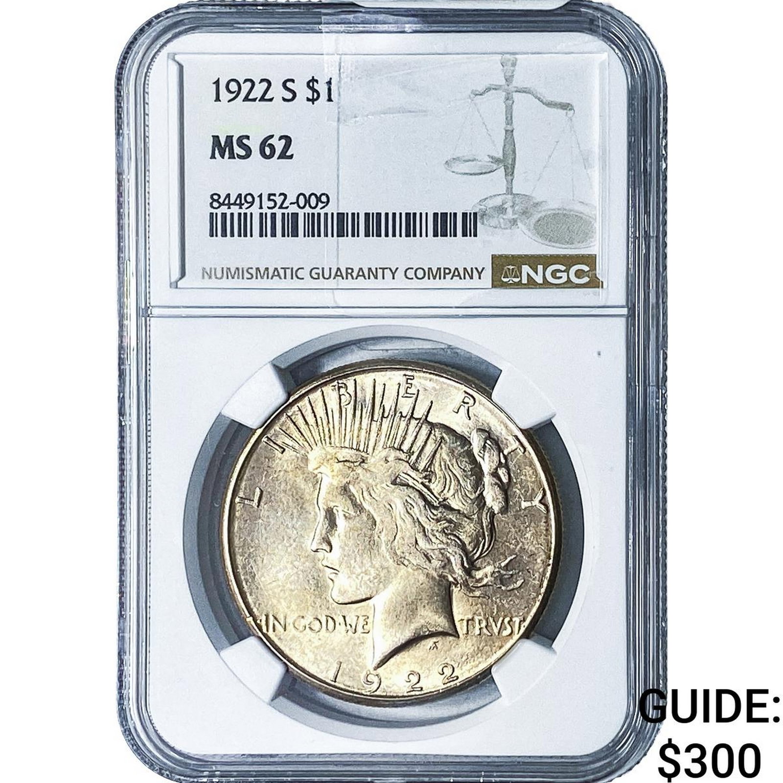1922-S Silver Peace Dollar NGC MS62: 1922-S Silver Peace Dollar NGC MS62