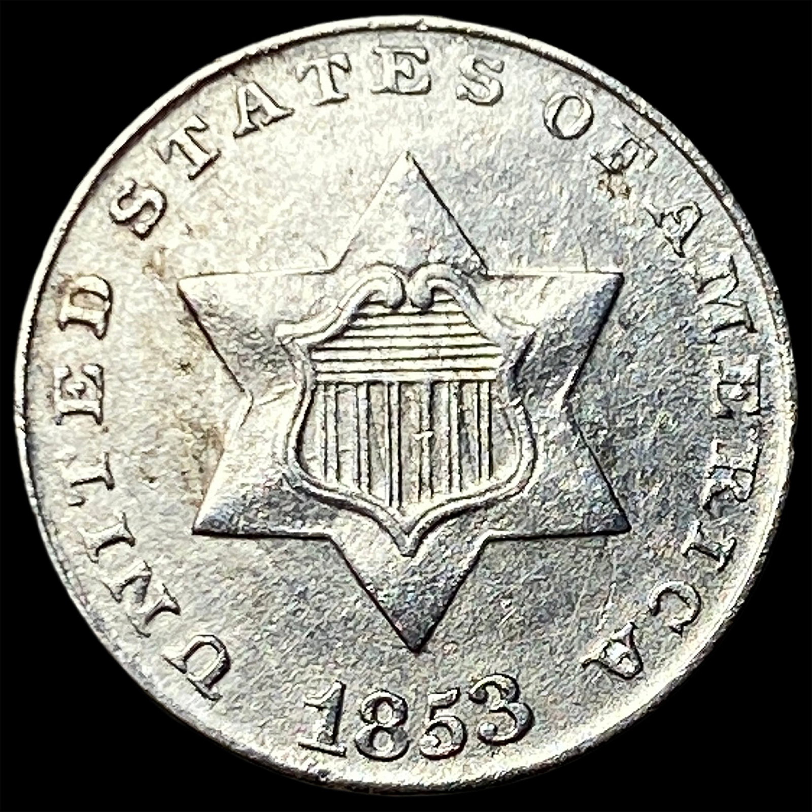 1853 Silver Three-Cent Piece NEARLY UNCIRCULATED: 1853 Silver Three-Cent Piece NEARLY UNCIRCULATED
