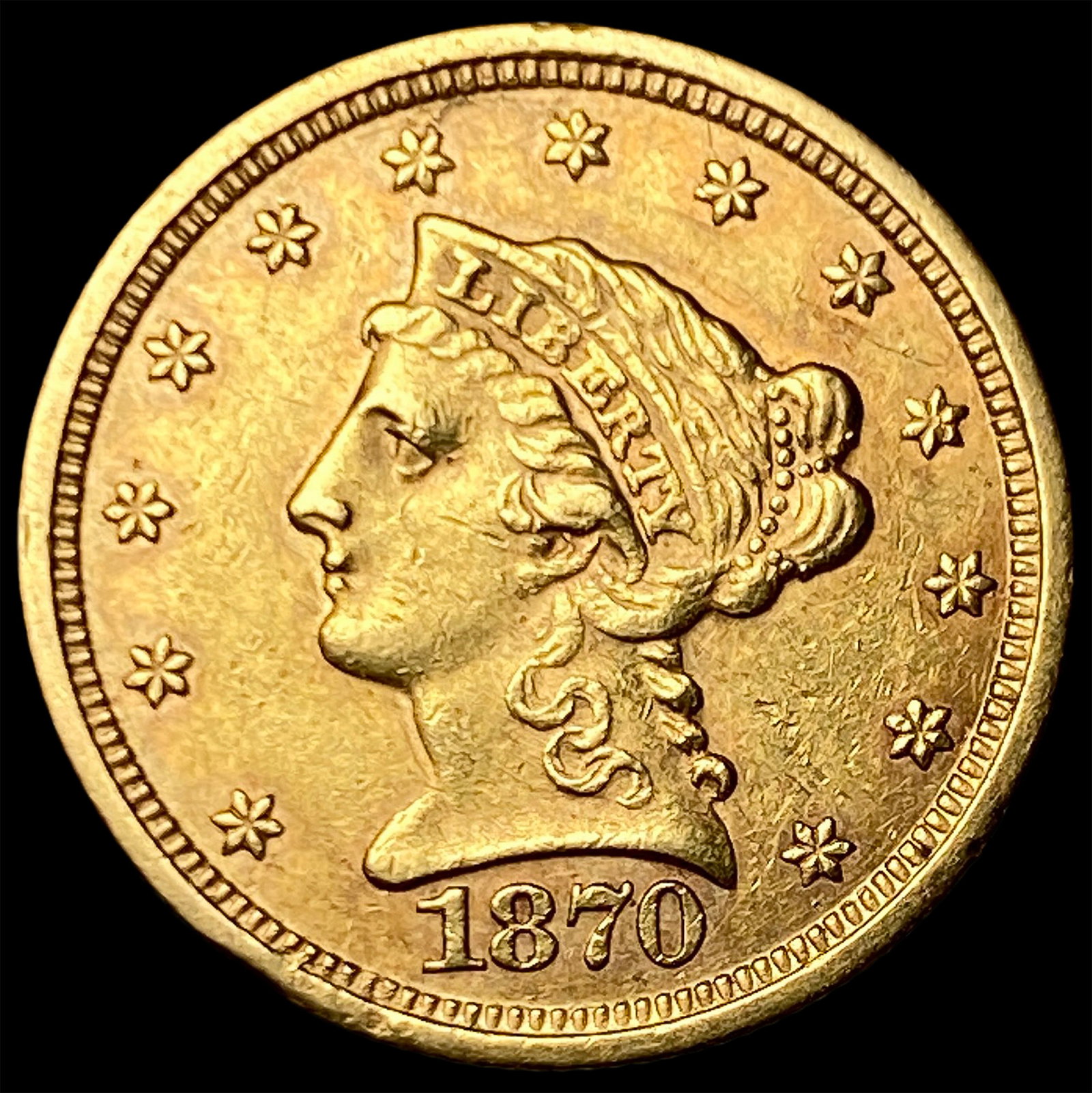 1870-S Liberty Head Gold $2.5 Quarter Eagle CLOSELY UNCIRCULATED: 1870-S Liberty Head Gold $2.5 Quarter Eagle CLOSELY UNCIRCULATED