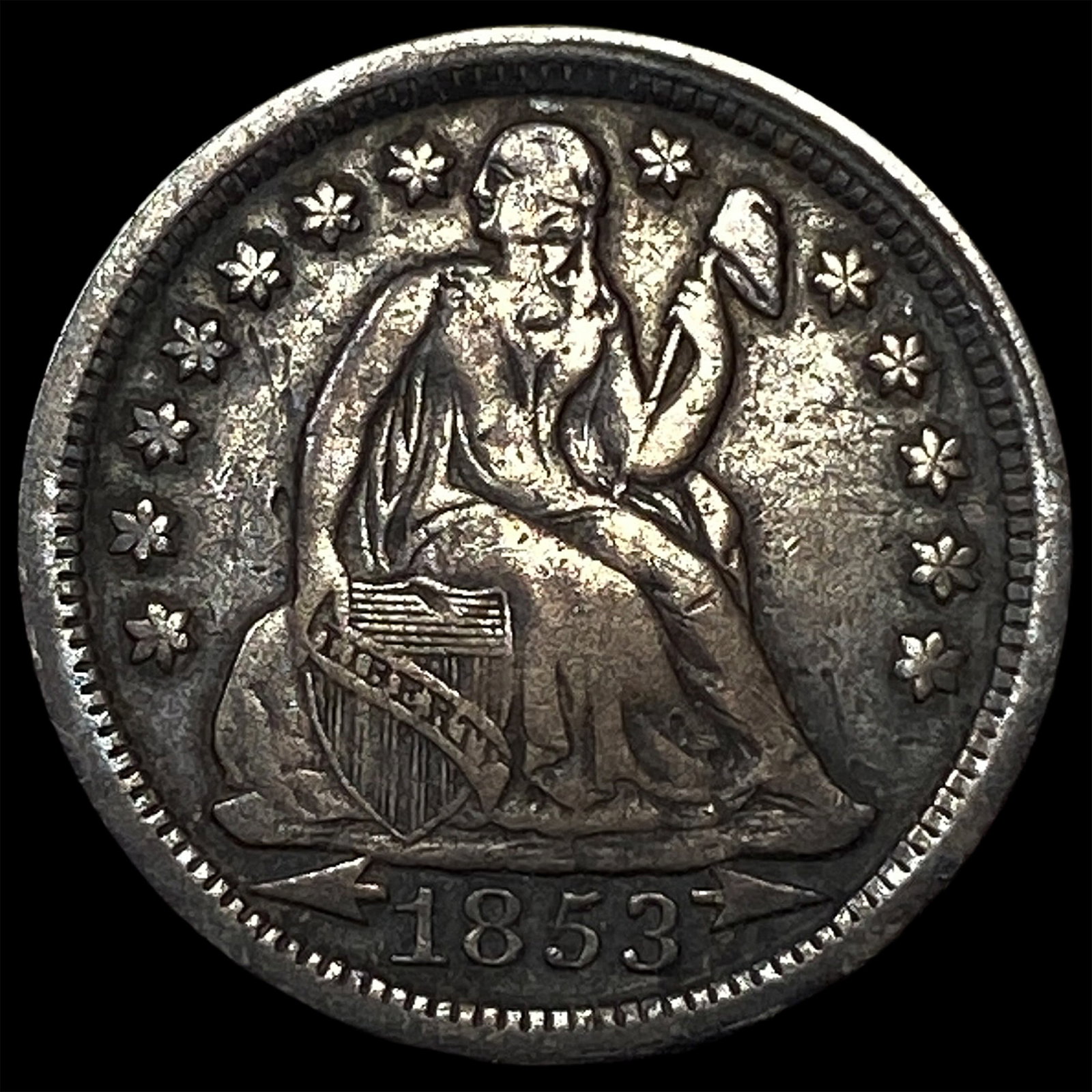 1853 Arrows Seated Liberty Dime NEARLY UNCIRCULATED: 1853 Arrows Seated Liberty Dime NEARLY UNCIRCULATED