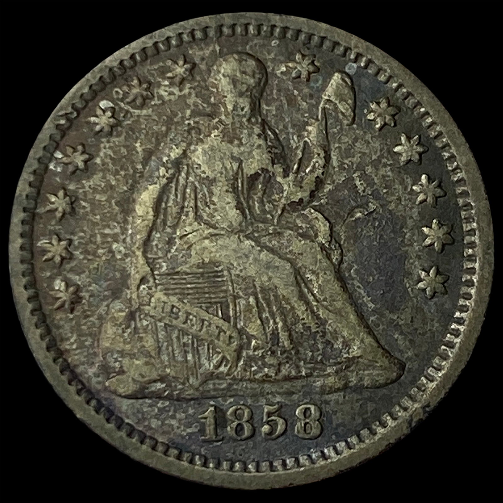1858-O Silver Seated Liberty Half Dime NEARLY UNCIRCULATED: 1858-O Silver Seated Liberty Half Dime NEARLY UNCIRCULATED