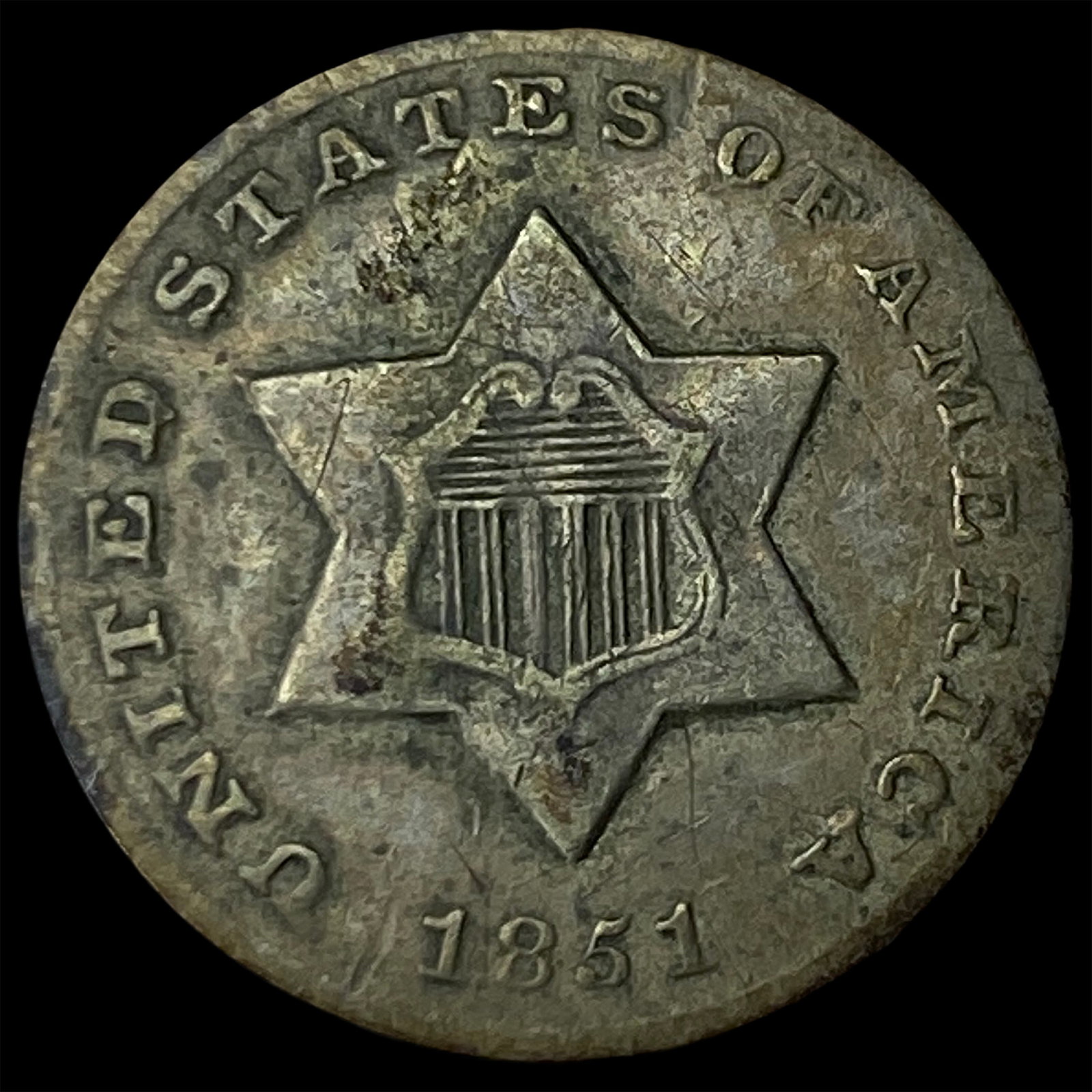 1851 Silver Three-Cent Piece NEARLY UNCIRCULATED: 1851 Silver Three-Cent Piece NEARLY UNCIRCULATED