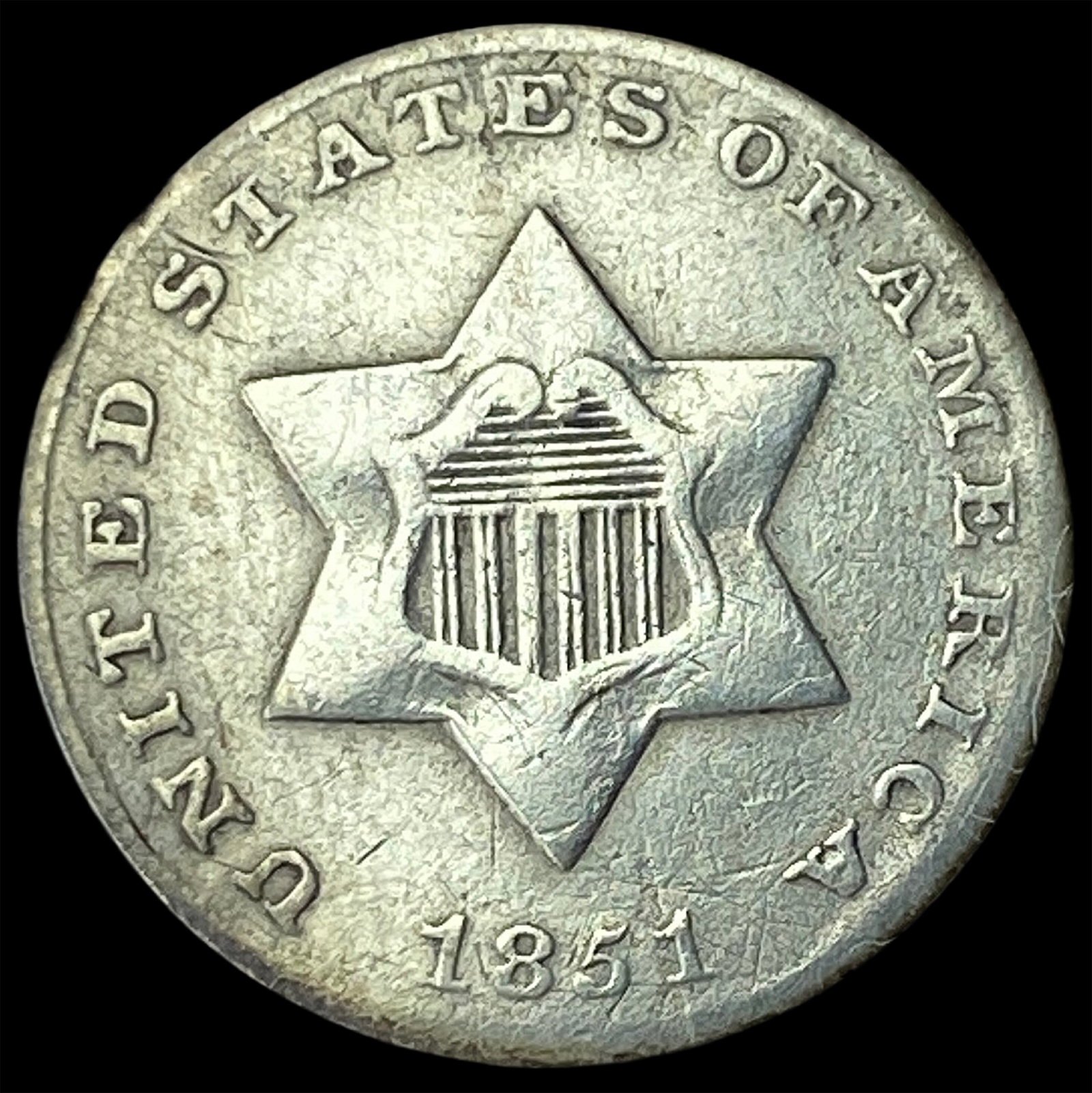 1851 Silver Three-Cent Piece CLOSELY UNCIRCULATED: 1851 Silver Three-Cent Piece CLOSELY UNCIRCULATED