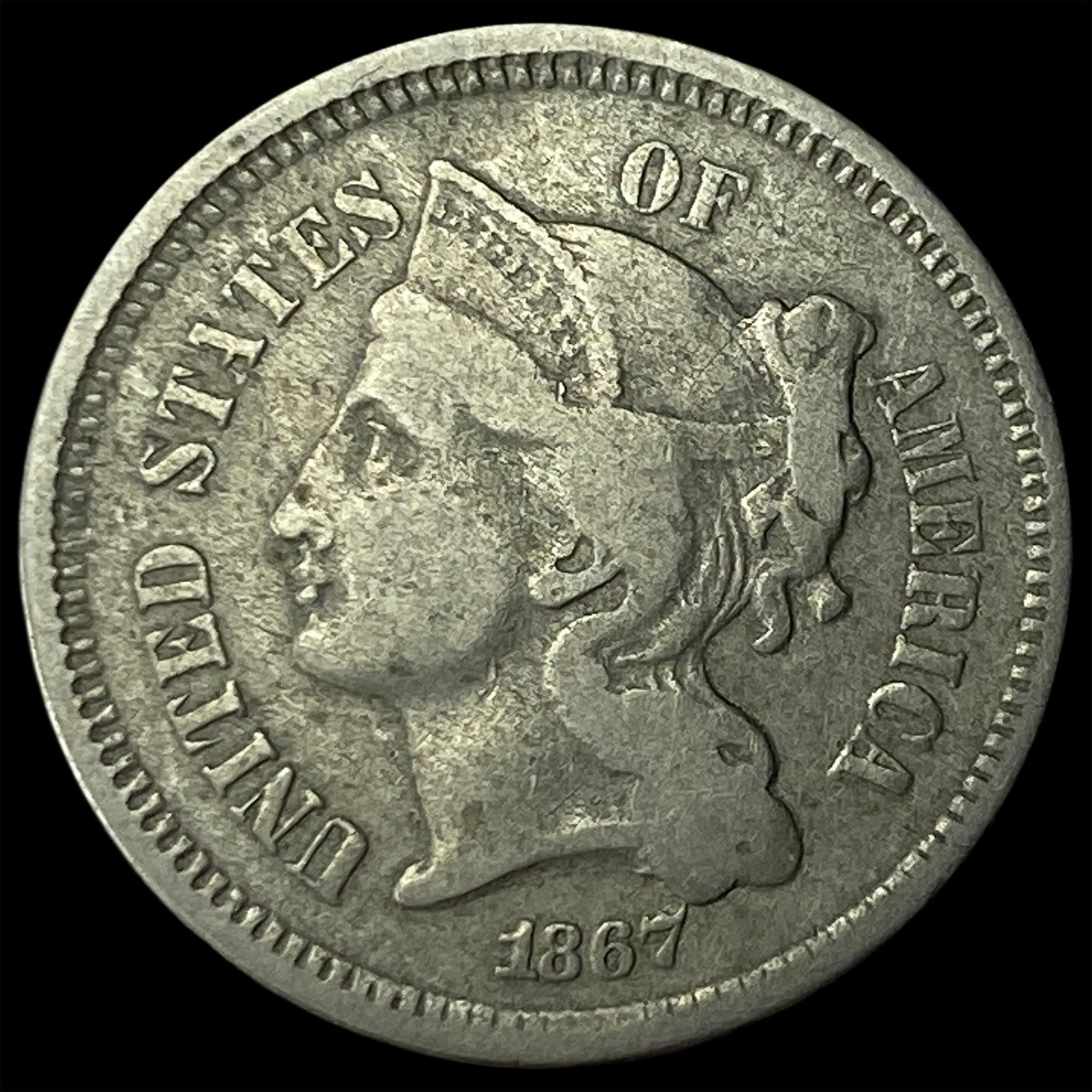 1867 Nickel Three-Cent Piece LIGHTLY CIRCULATED: 1867 Nickel Three-Cent Piece LIGHTLY CIRCULATED