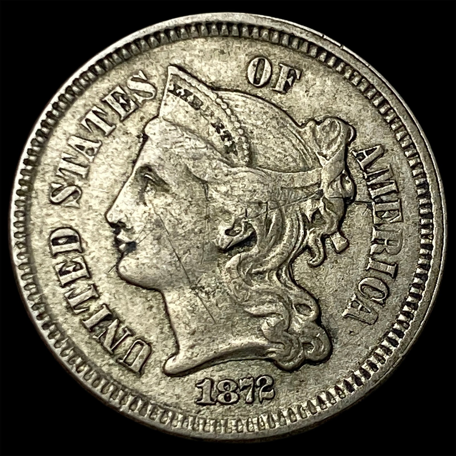 1872 Nickel Three-Cent Piece CLOSELY UNCIRCULATED: 1872 Nickel Three-Cent Piece CLOSELY UNCIRCULATED