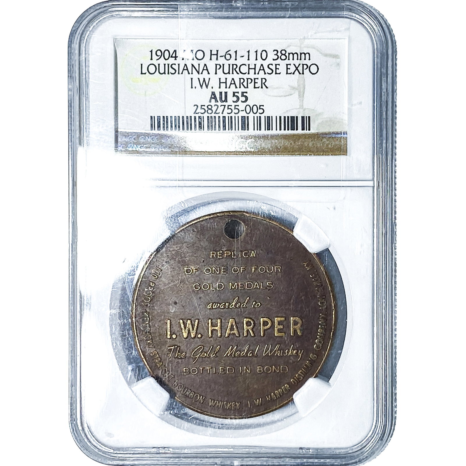 1904 MO H-61 38MM LA Purchace Expo I.W. Harper NGC AU55: 1904 MO H-61 38MM LA Purchace Expo I.W. Harper NGC AU55