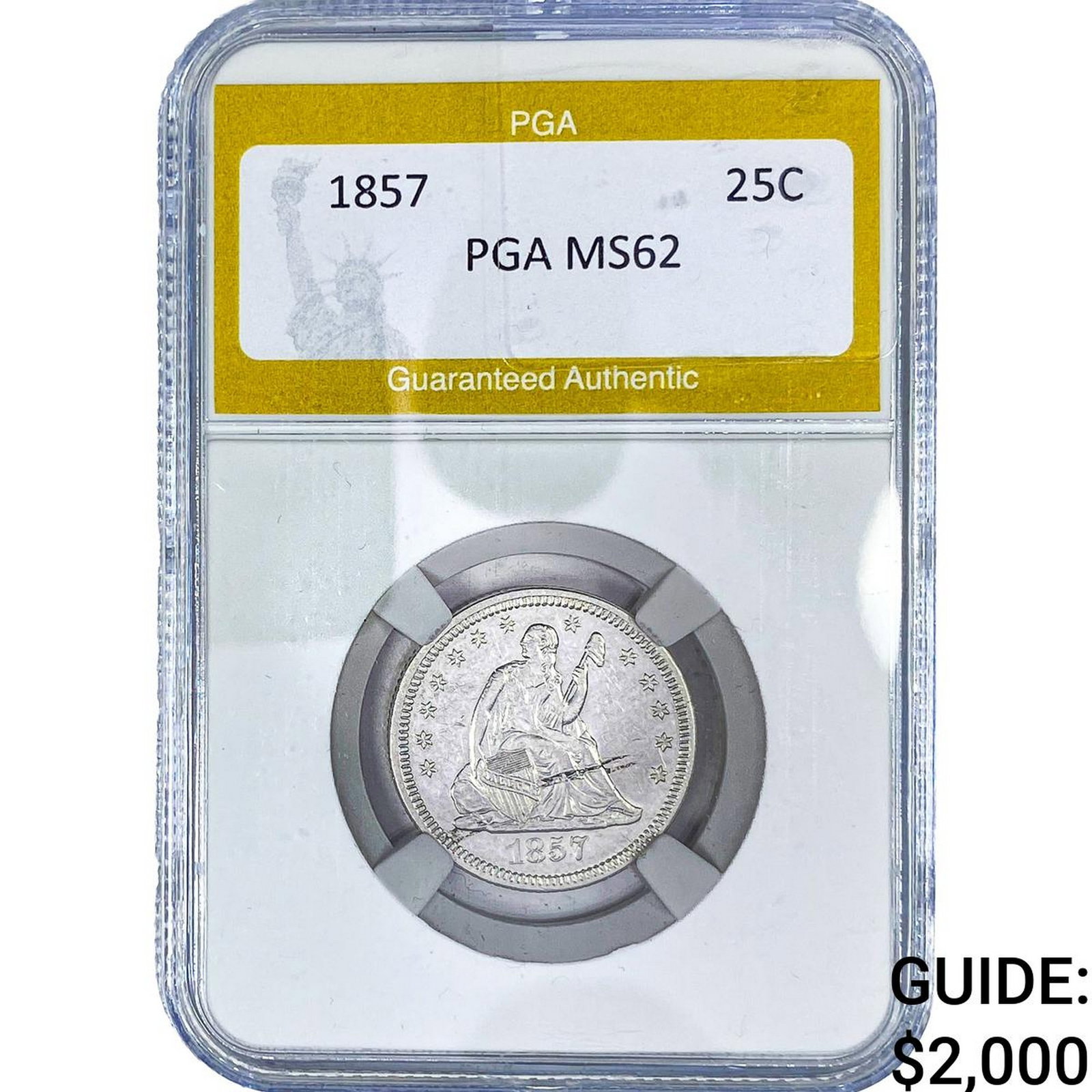 1857 Seated Liberty Quarter PGA MS62: 1857 Seated Liberty Quarter PGA MS62