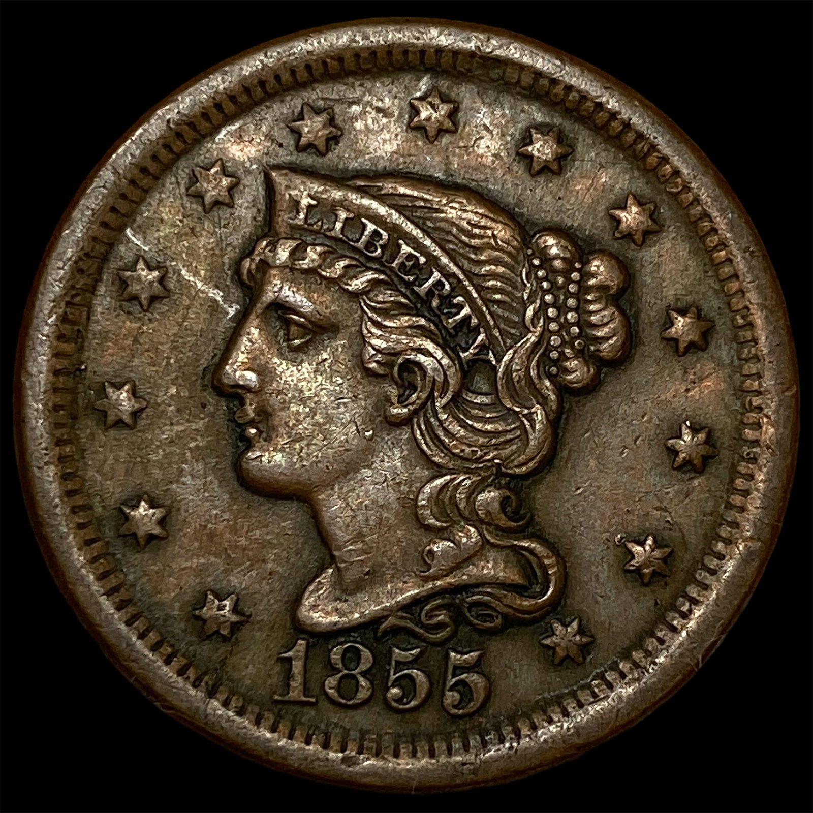 1855 Braided Hair Large Cent CHOICE AU: 1855 Braided Hair Large Cent CHOICE AU