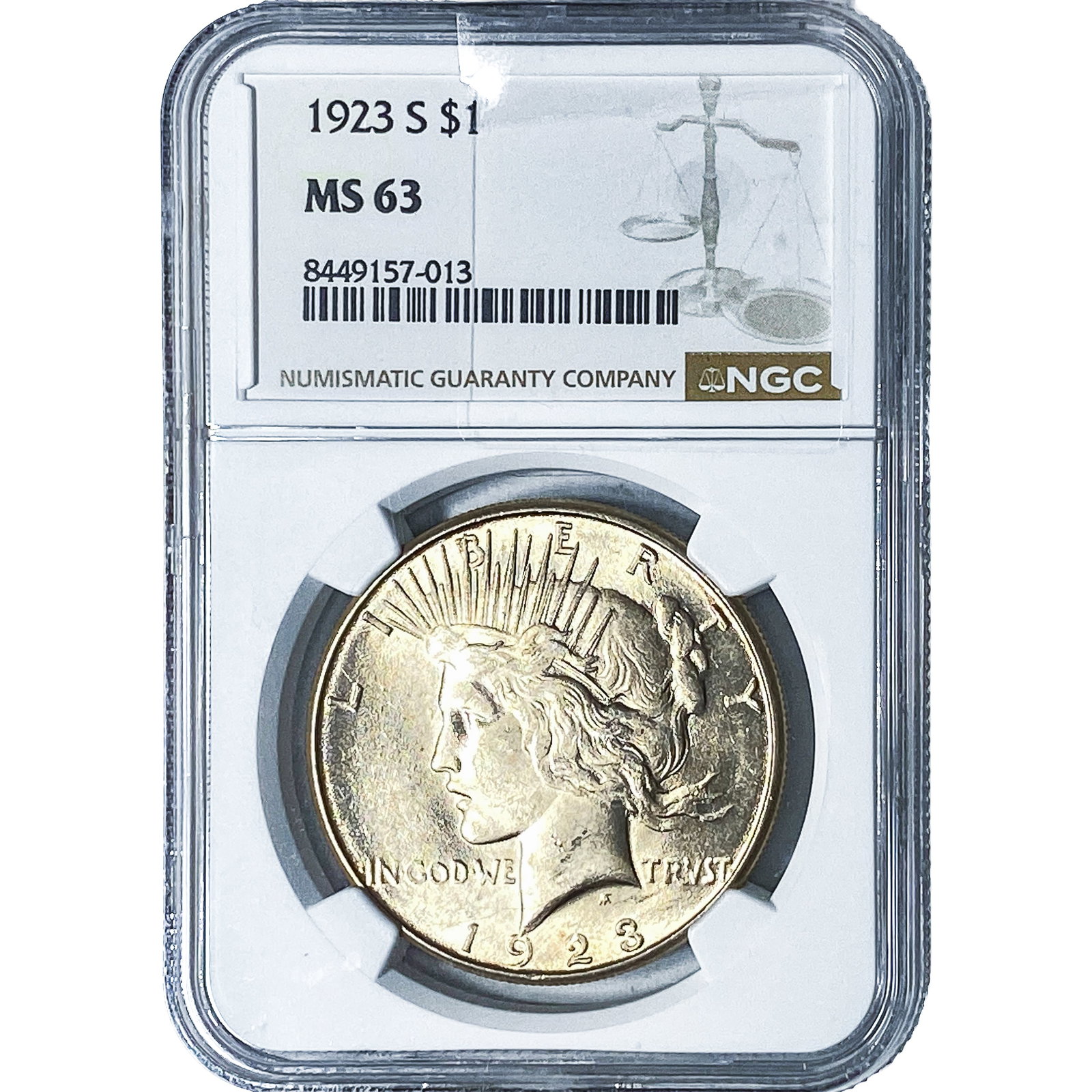 1923-S Silver Peace Dollar NGC MS63: 1923-S Silver Peace Dollar NGC MS63