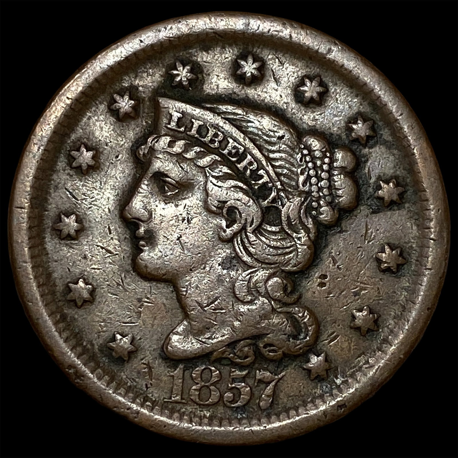 1857 Braided Hair Large Cent NEARLY UNCIRCULATED: 1857 Braided Hair Large Cent NEARLY UNCIRCULATED