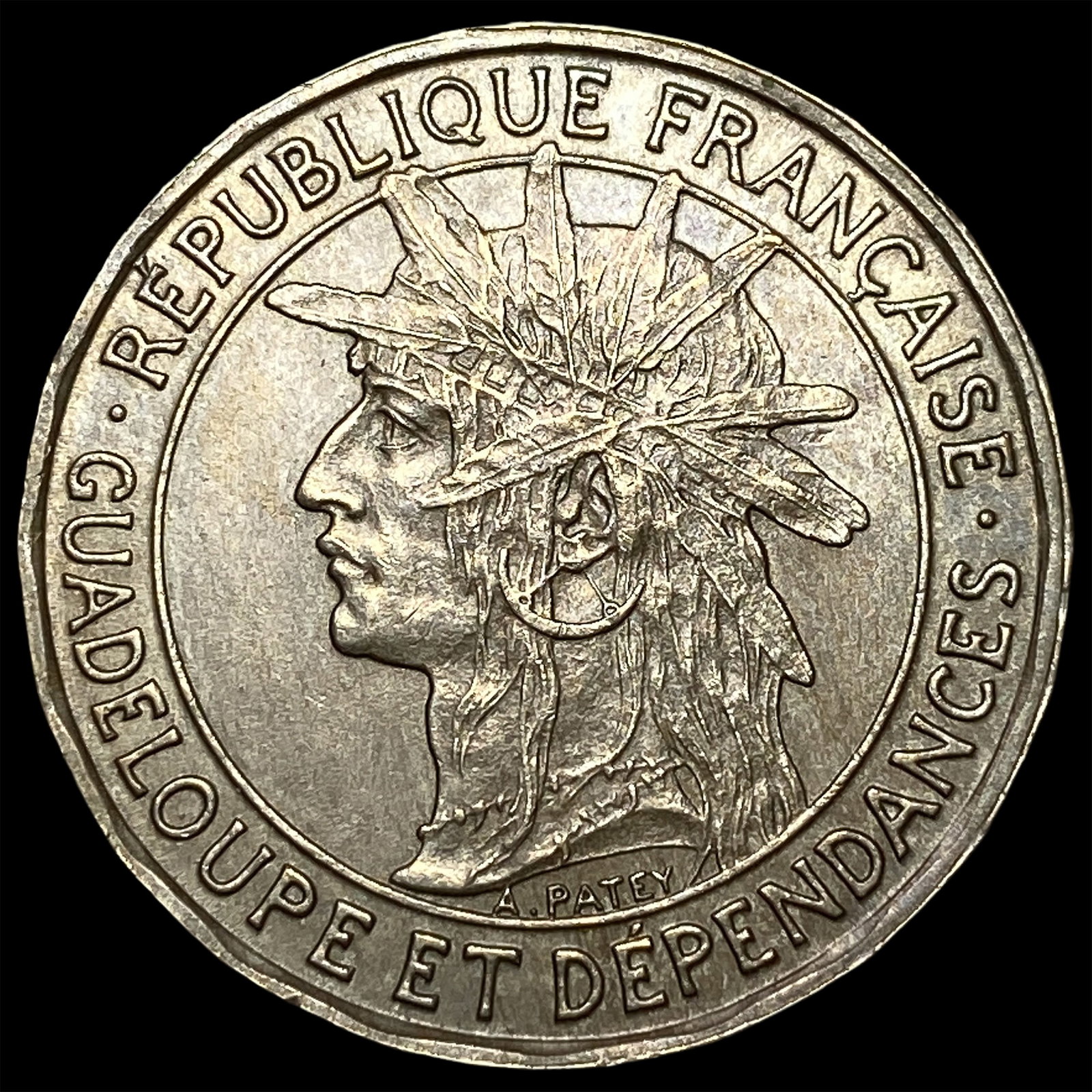1921 French Guadeloupe 1 Franc Coin CLOSELY UNCIRCULATED: 1921 French Guadeloupe 1 Franc Coin CLOSELY UNCIRCULATED