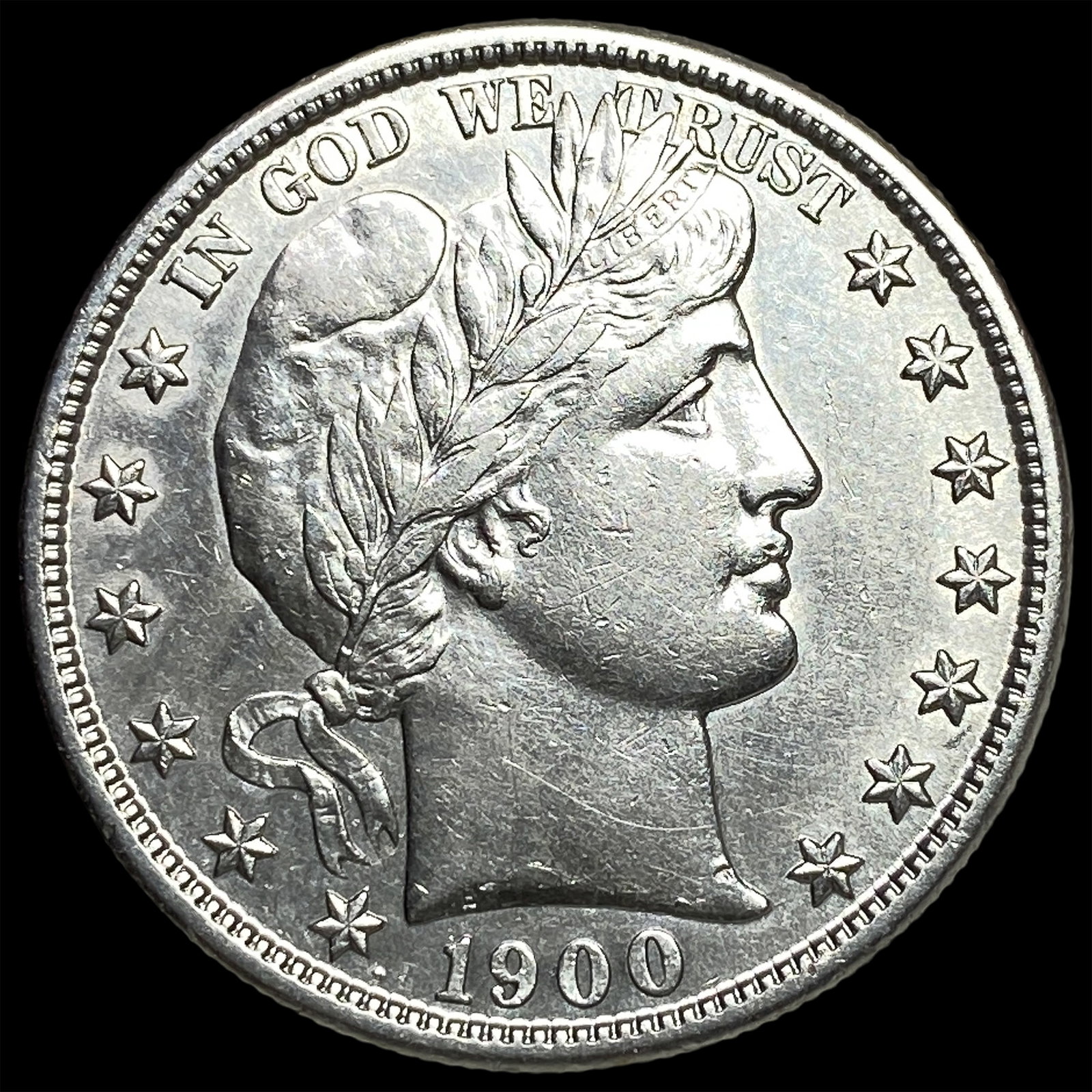 1900-S Silver Barber Half Dollar ABOUT UNCIRCULATED: 1900-S Silver Barber Half Dollar ABOUT UNCIRCULATED