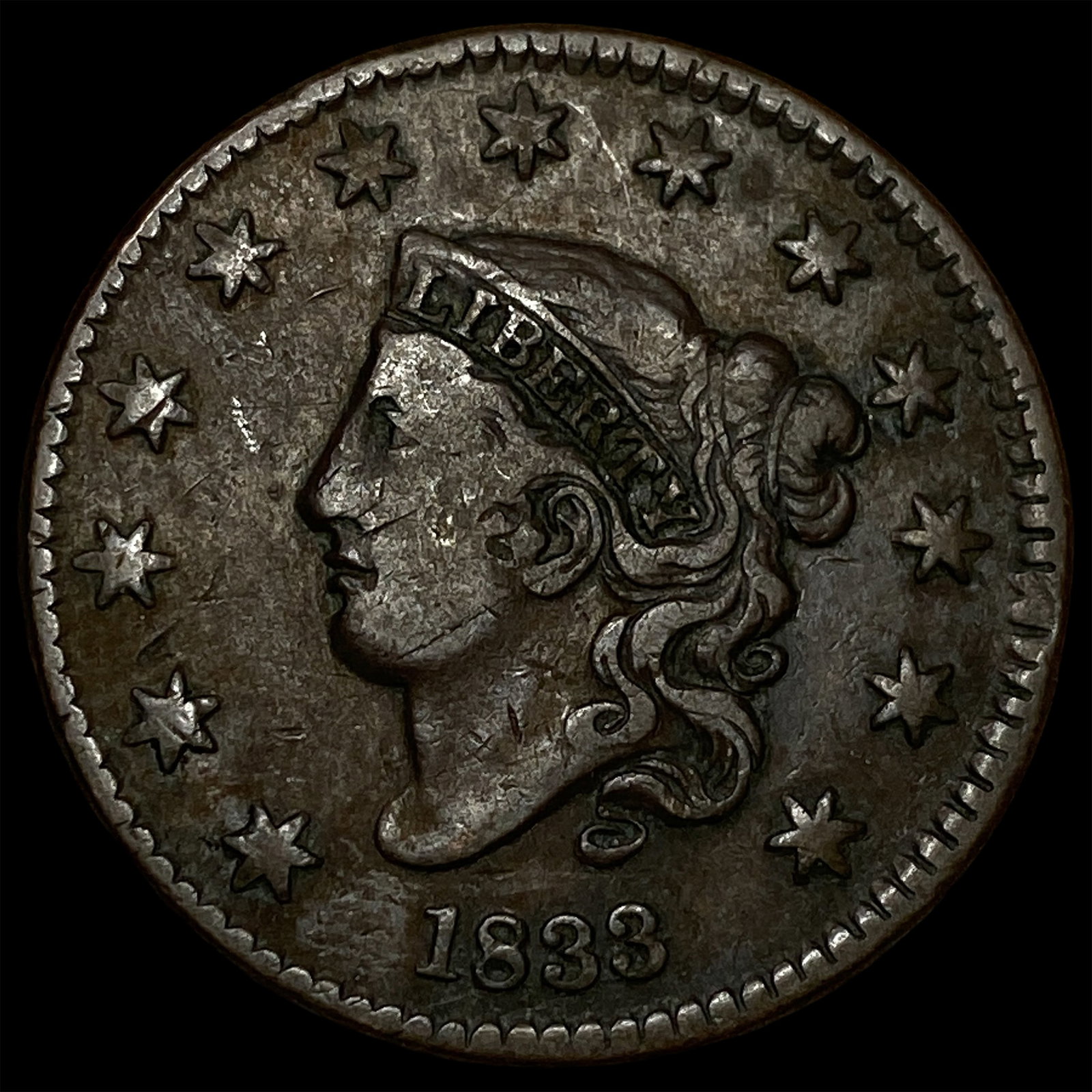 1833 Coronet Head Large Cent CLOSELY UNCIRCULATED: 1833 Coronet Head Large Cent CLOSELY UNCIRCULATED