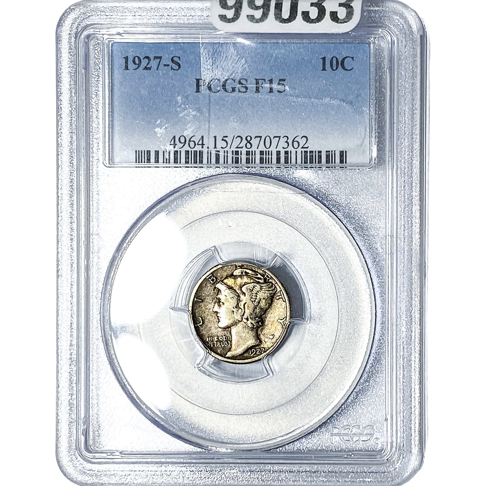 1927-S Mercury Silver Dime PCGS F15: 1927-S Mercury Silver Dime PCGS F15