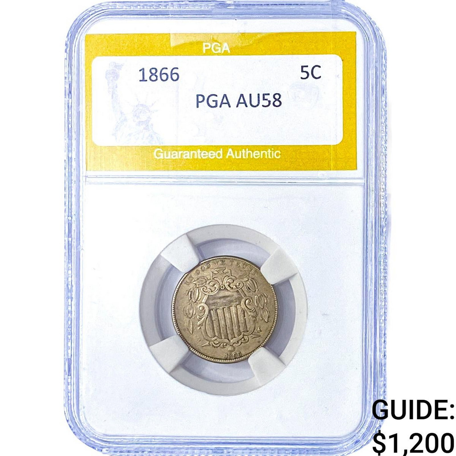 1866 Shield Nickel PGA AU58: 1866 Shield Nickel PGA AU58