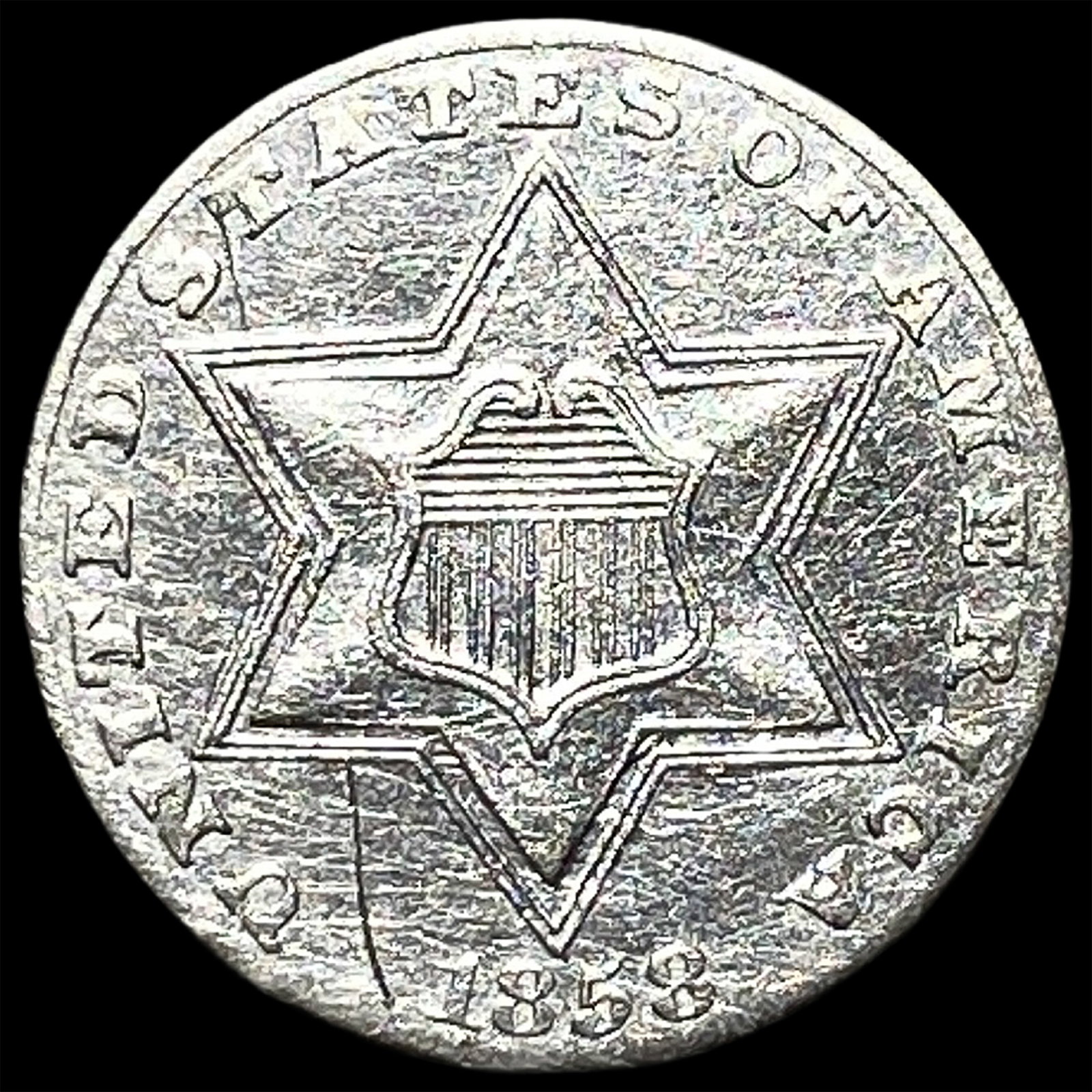 1858 Silver Three-Cent Piece CLOSELY UNCIRCULATED: 1858 Silver Three-Cent Piece CLOSELY UNCIRCULATED