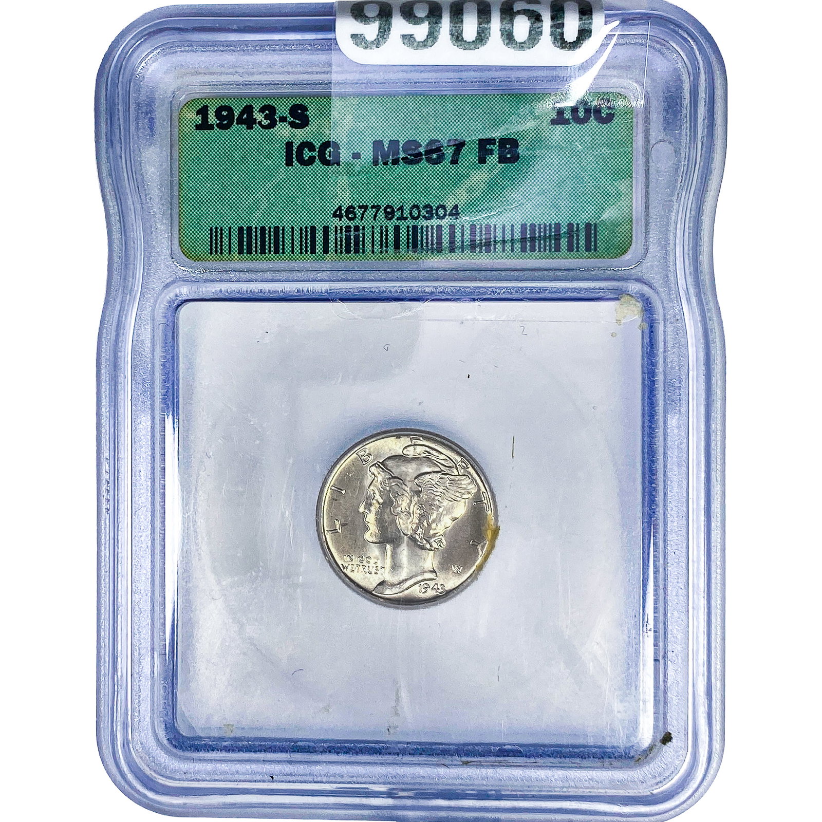 1943-S Mercury Silver Dime ICG MS67 FB: 1943-S Mercury Silver Dime ICG MS67 FB