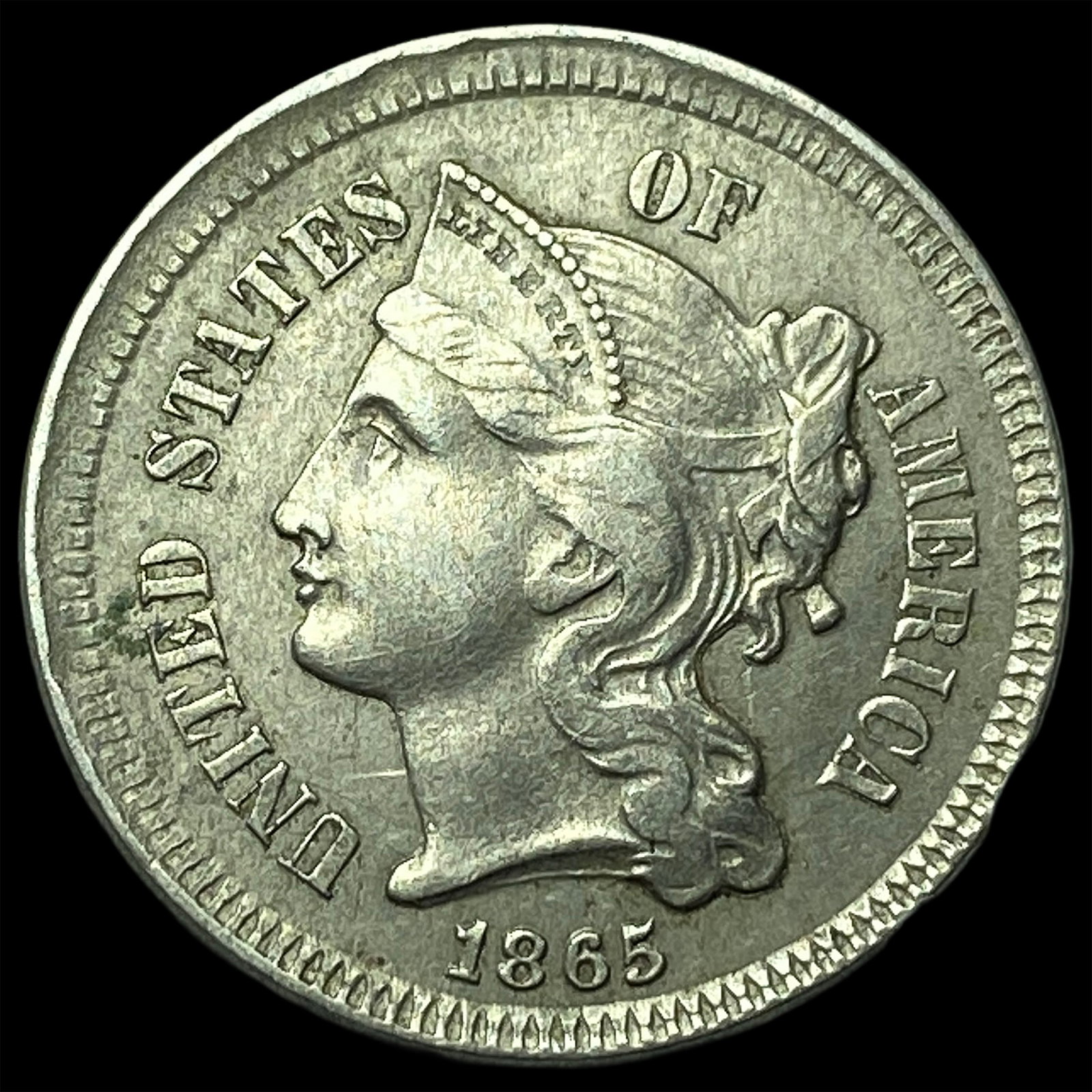 1865 Nickel Three-Cent Piece CLOSELY UNCIRCULATED: 1865 Nickel Three-Cent Piece CLOSELY UNCIRCULATED