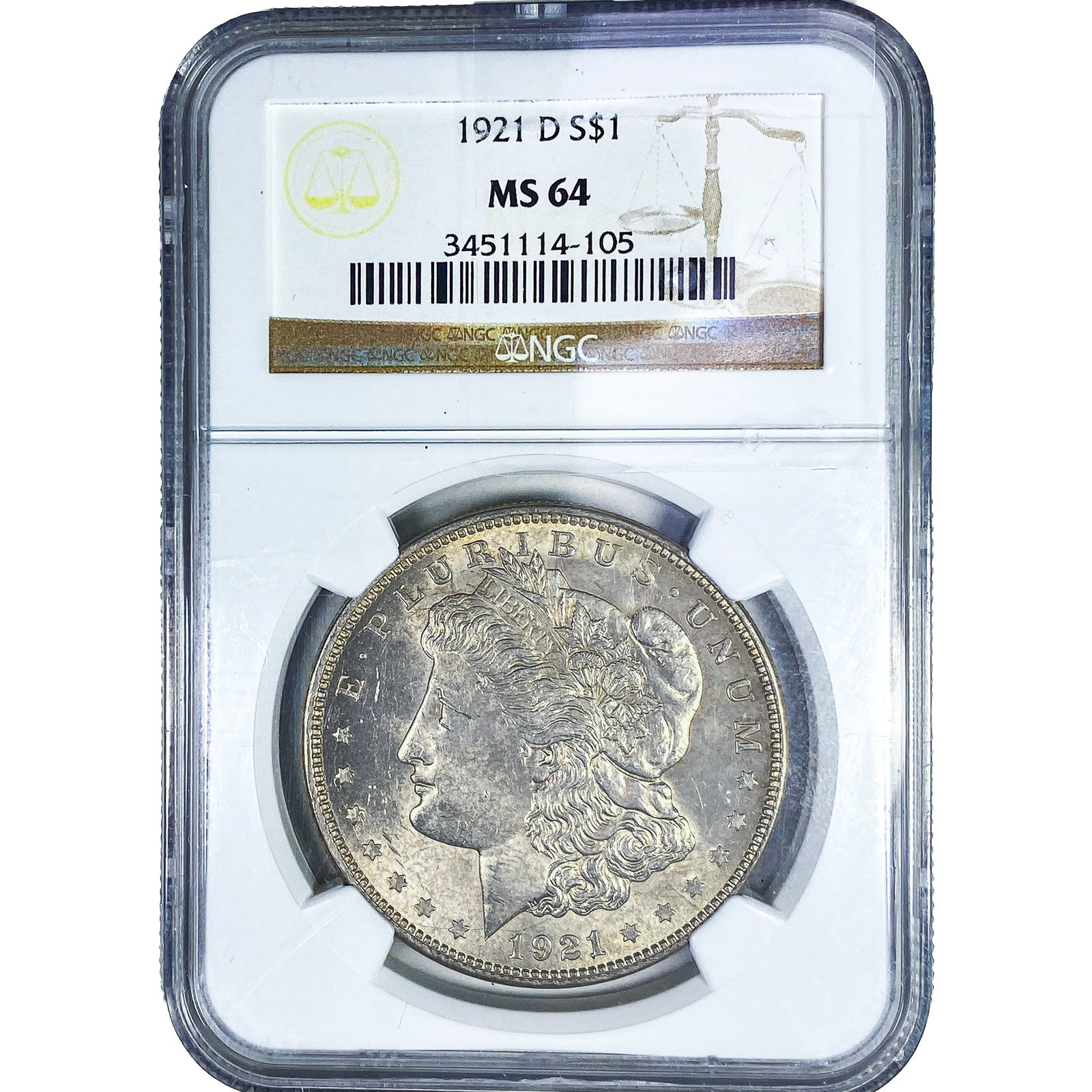 1921-D Morgan Silver Dollar NGC MS64: 1921-D Morgan Silver Dollar NGC MS64