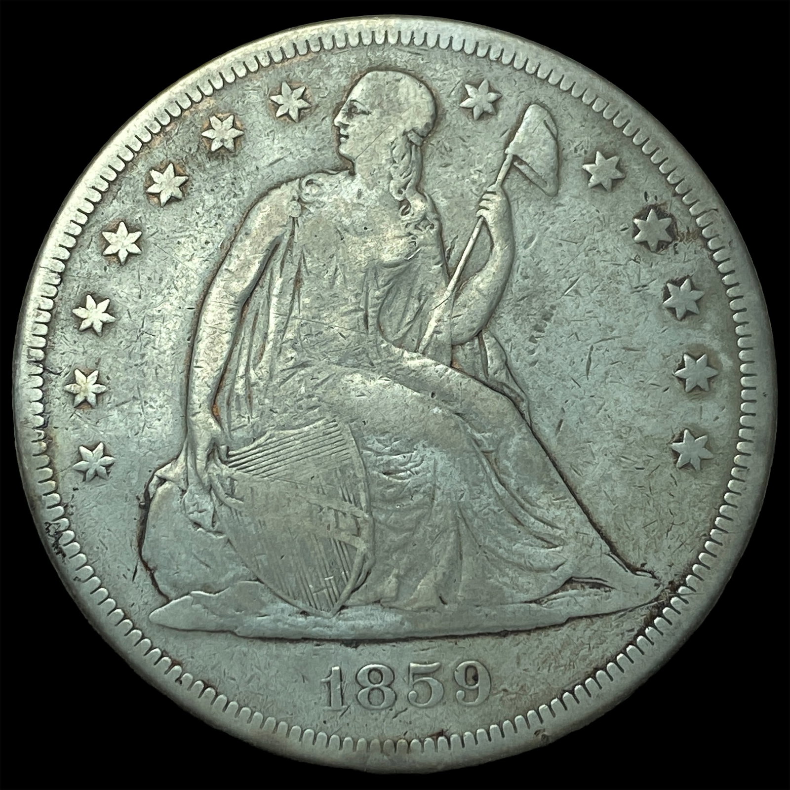 1859 Seated Liberty Silver Dollar NEARLY UNCIRCULATED: 1859 Seated Liberty Silver Dollar NEARLY UNCIRCULATED