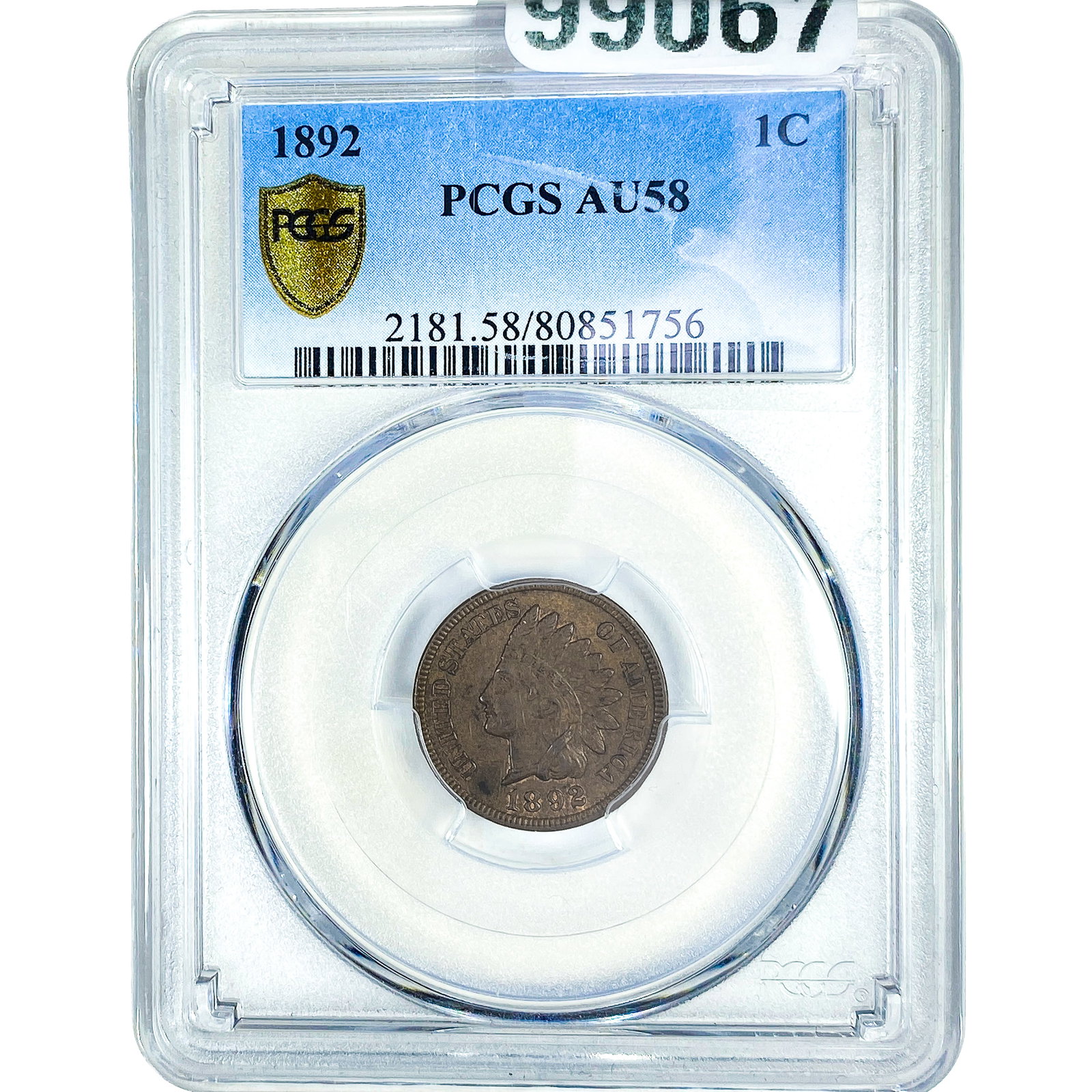 1892 Indian Head Cent PCGS AU58: 1892 Indian Head Cent PCGS AU58