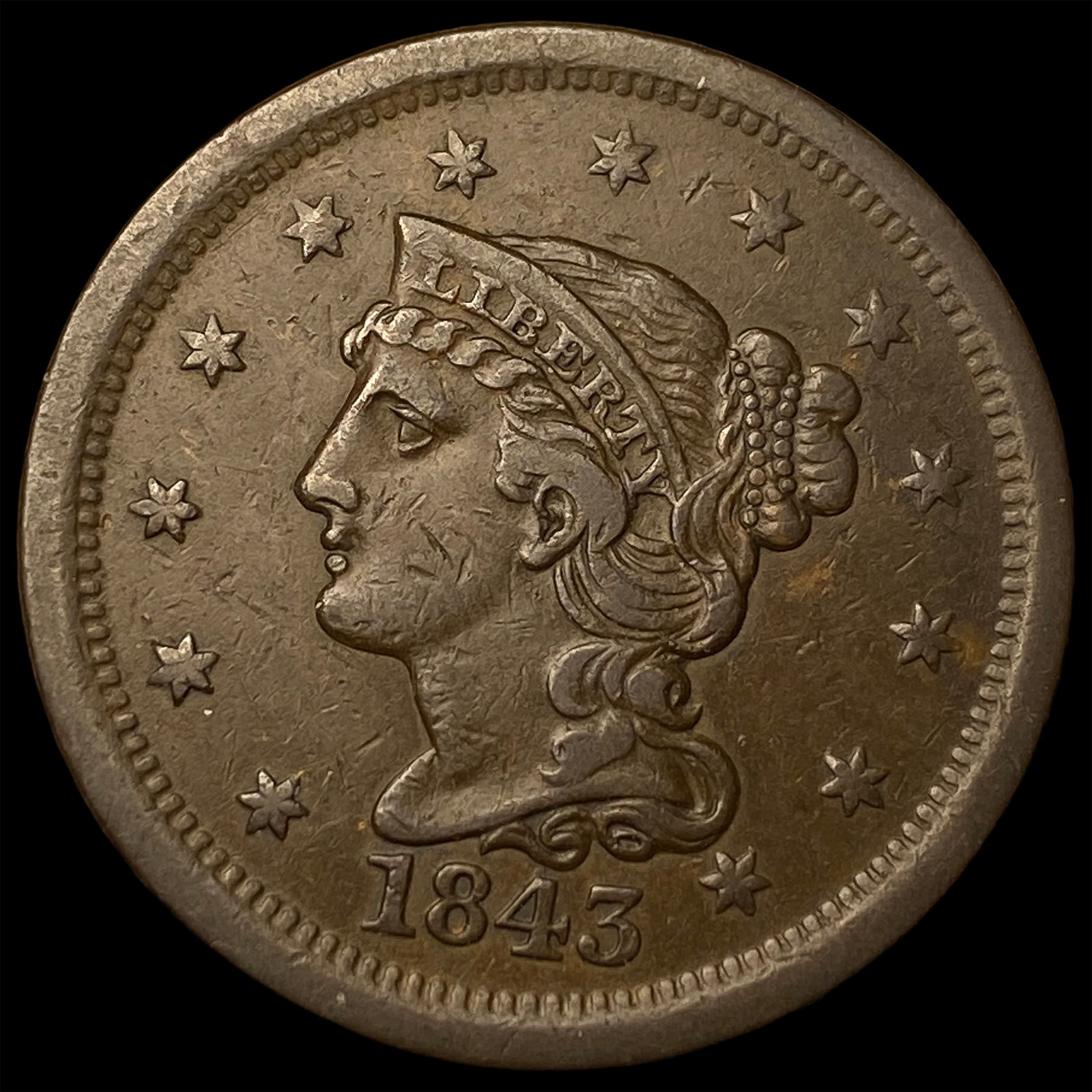 1843 Braided Hair Large Cent CLOSELY UNCIRCULATED: 1843 Braided Hair Large Cent CLOSELY UNCIRCULATED