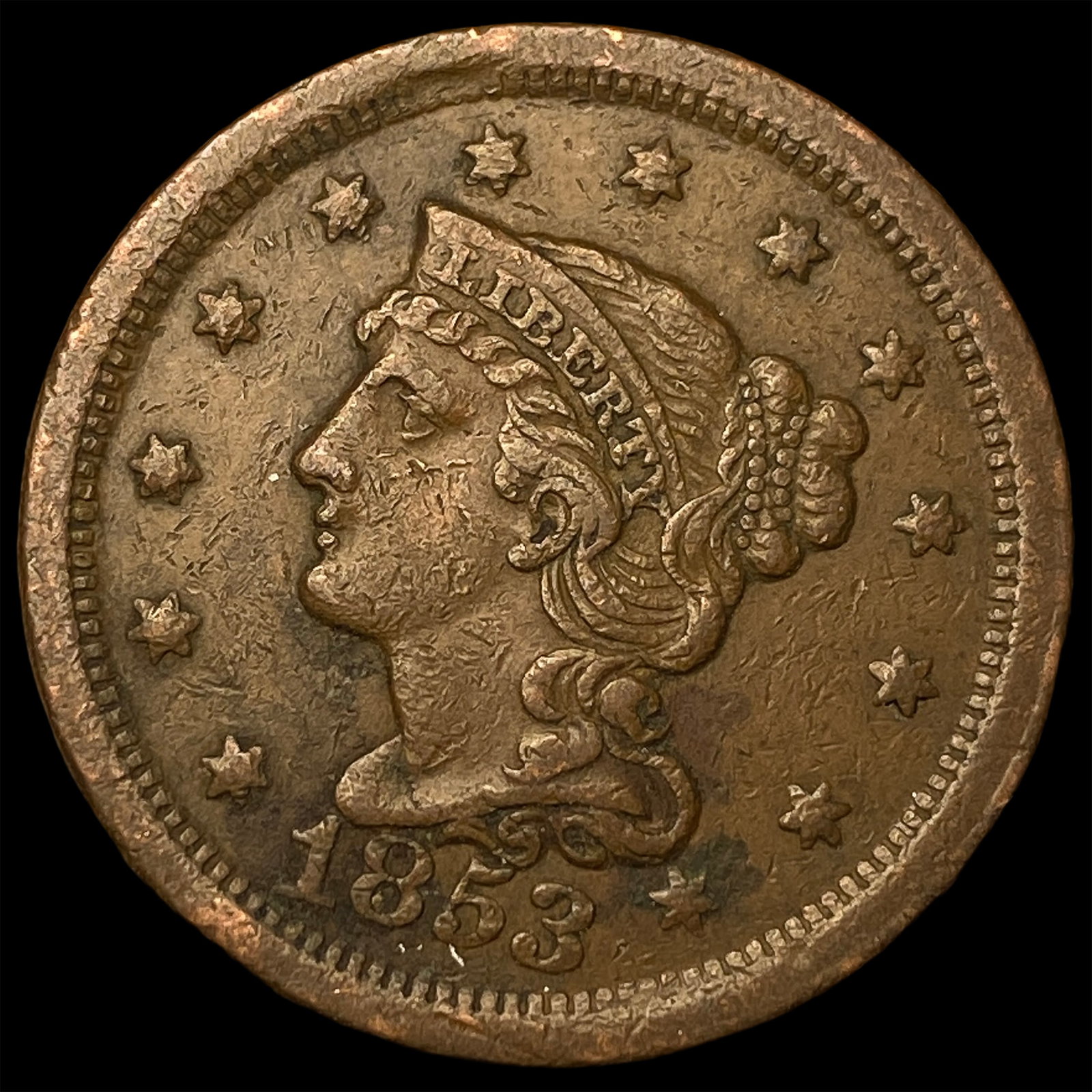 1853 Braided Hair Large Cent CLOSELY UNCIRCULATED: 1853 Braided Hair Large Cent CLOSELY UNCIRCULATED
