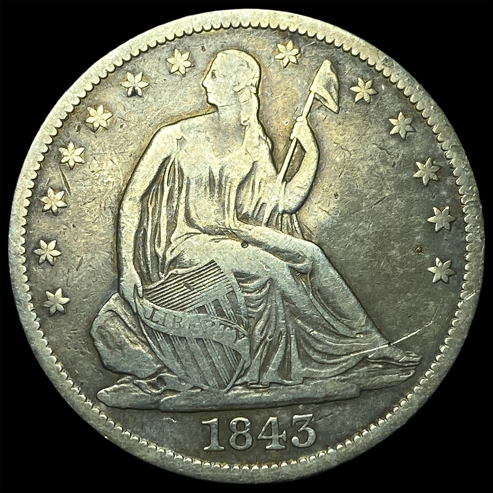 1843 Silver Half Dollar (Seated Liberty) CLOSELY UNCIRCULATED: 1843 Silver Half Dollar (Seated Liberty) CLOSELY UNCIRCULATED