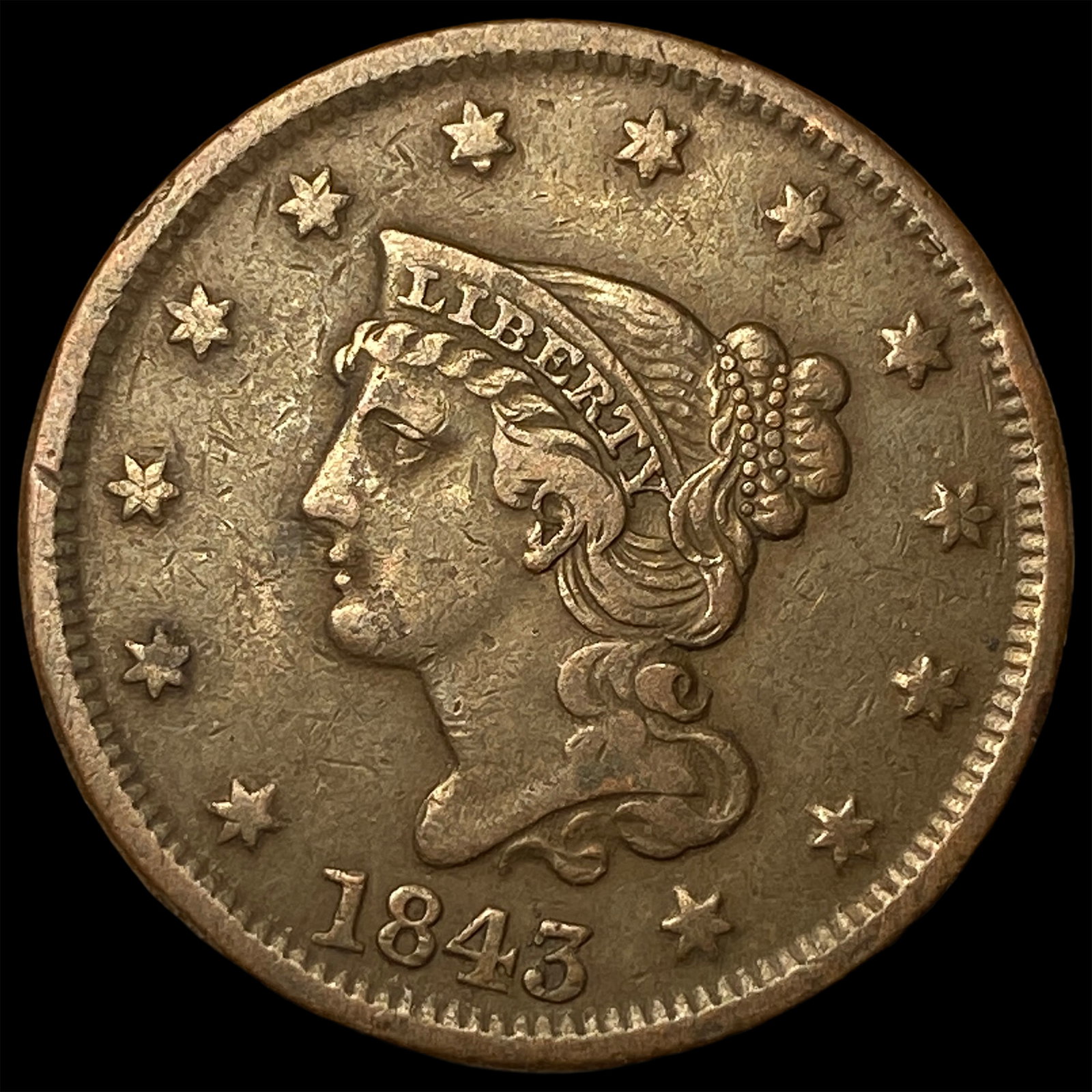 1843 Braided Hair Large Cent CLOSELY UNCIRCULATED: 1843 Braided Hair Large Cent CLOSELY UNCIRCULATED
