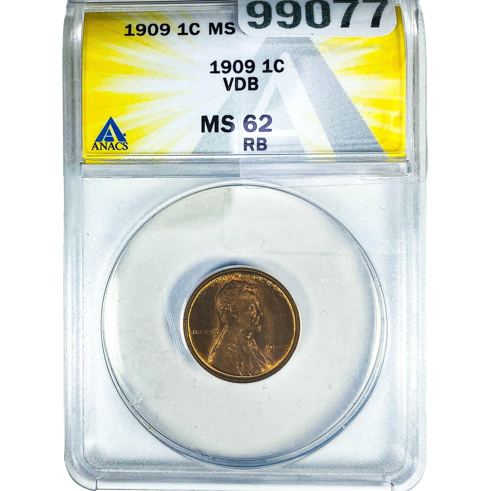1909 VDB Wheat Cent ANACS MS62 RB: 1909 VDB Wheat Cent ANACS MS62 RB