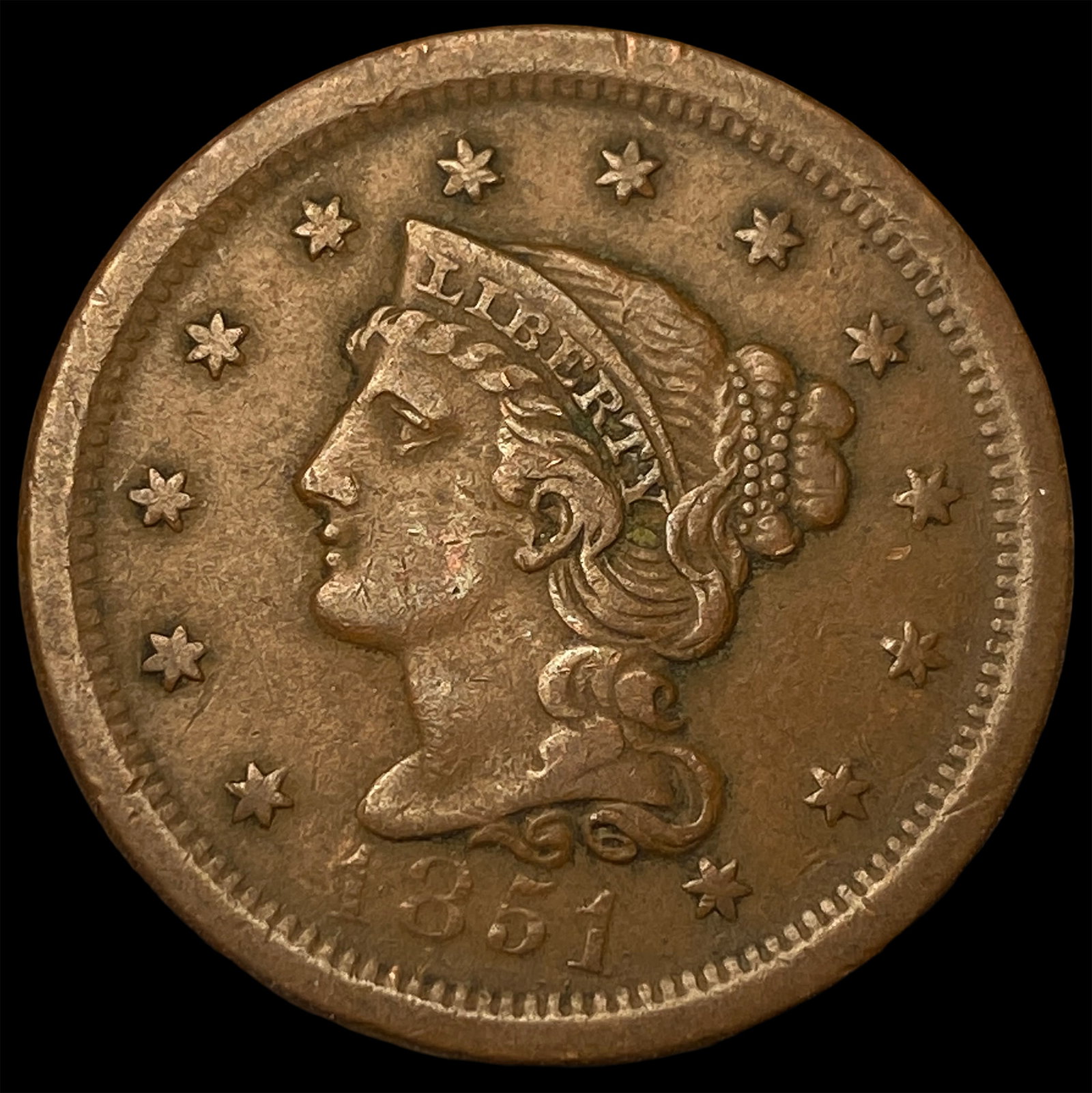 1851 Braided Hair Large Cent NEARLY UNCIRCULATED: 1851 Braided Hair Large Cent NEARLY UNCIRCULATED