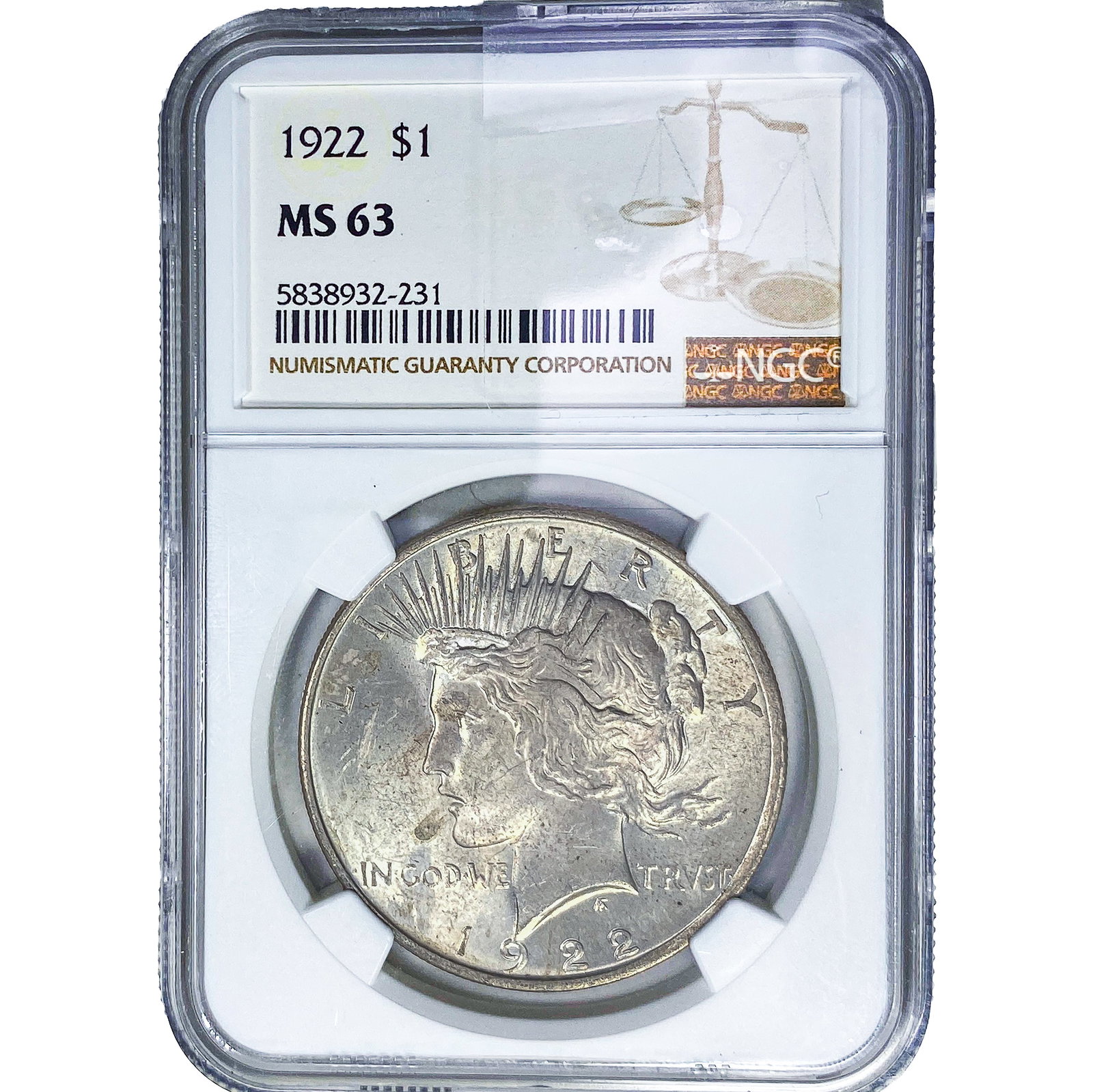1922 Silver Peace Dollar NGC MS63: 1922 Silver Peace Dollar NGC MS63