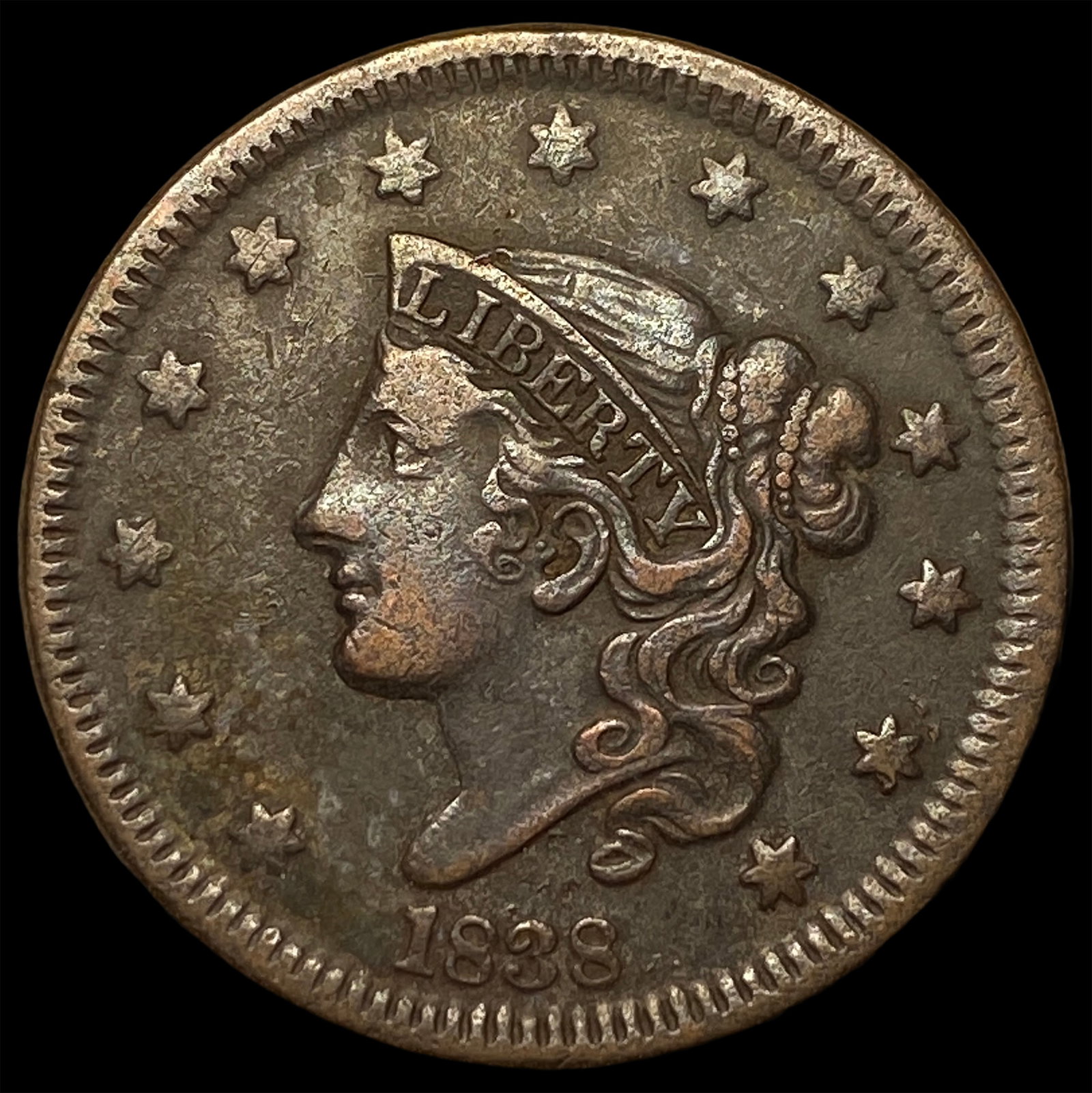 1838 Coronet Head Large Cent CHOICE AU: 1838 Coronet Head Large Cent CHOICE AU