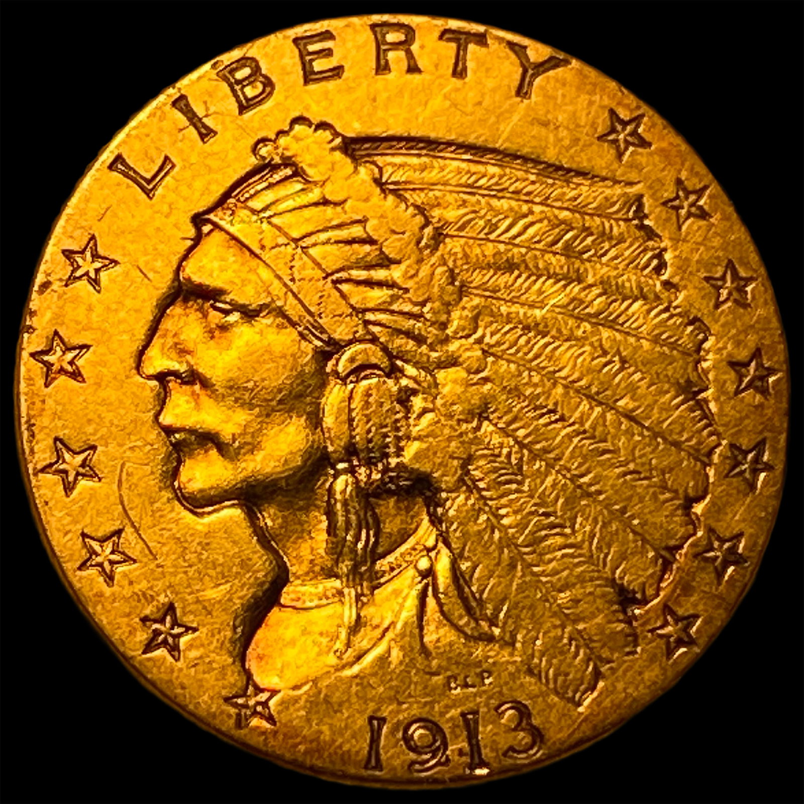 1913 Indian Head Gold $2.50 Quarter Eagle CLOSELY UNCIRCULATED: 1913 Indian Head Gold $2.50 Quarter Eagle CLOSELY UNCIRCULATED