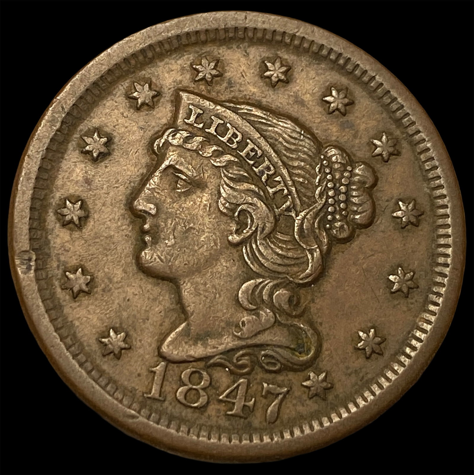1847 Braided Hair Large Cent CLOSELY UNCIRCULATED: 1847 Braided Hair Large Cent CLOSELY UNCIRCULATED