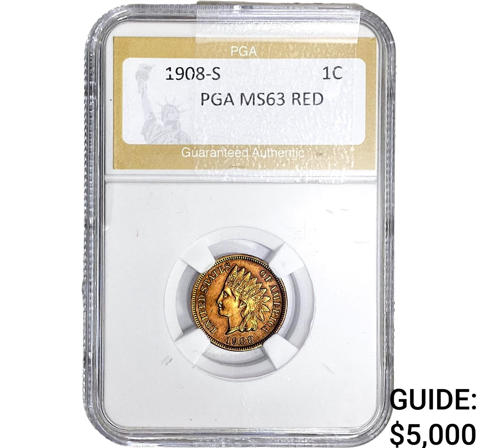 1908-S Indian Head Cent PGA MS63 RED: 1908-S Indian Head Cent PGA MS63 RED