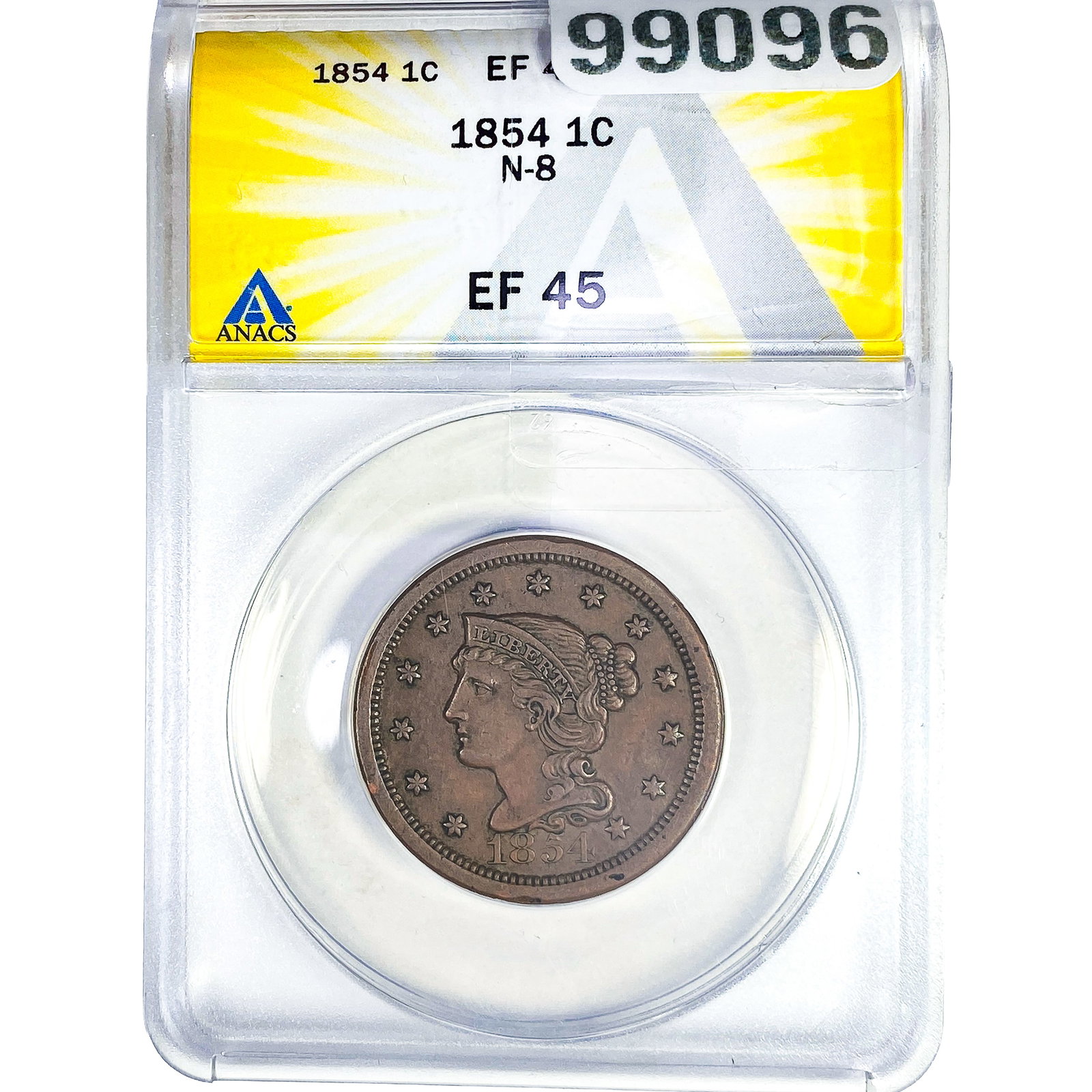 1854 Braided Hair Cent ANACS EF45 N-8: 1854 Braided Hair Cent ANACS EF45 N-8