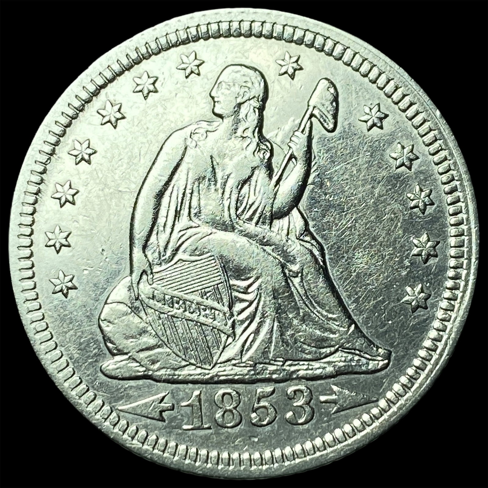 1853 Arrows & Rays Silver Seated Liberty Quarter UNCIRCULATED: 1853 Arrows & Rays Silver Seated Liberty Quarter UNCIRCULATED