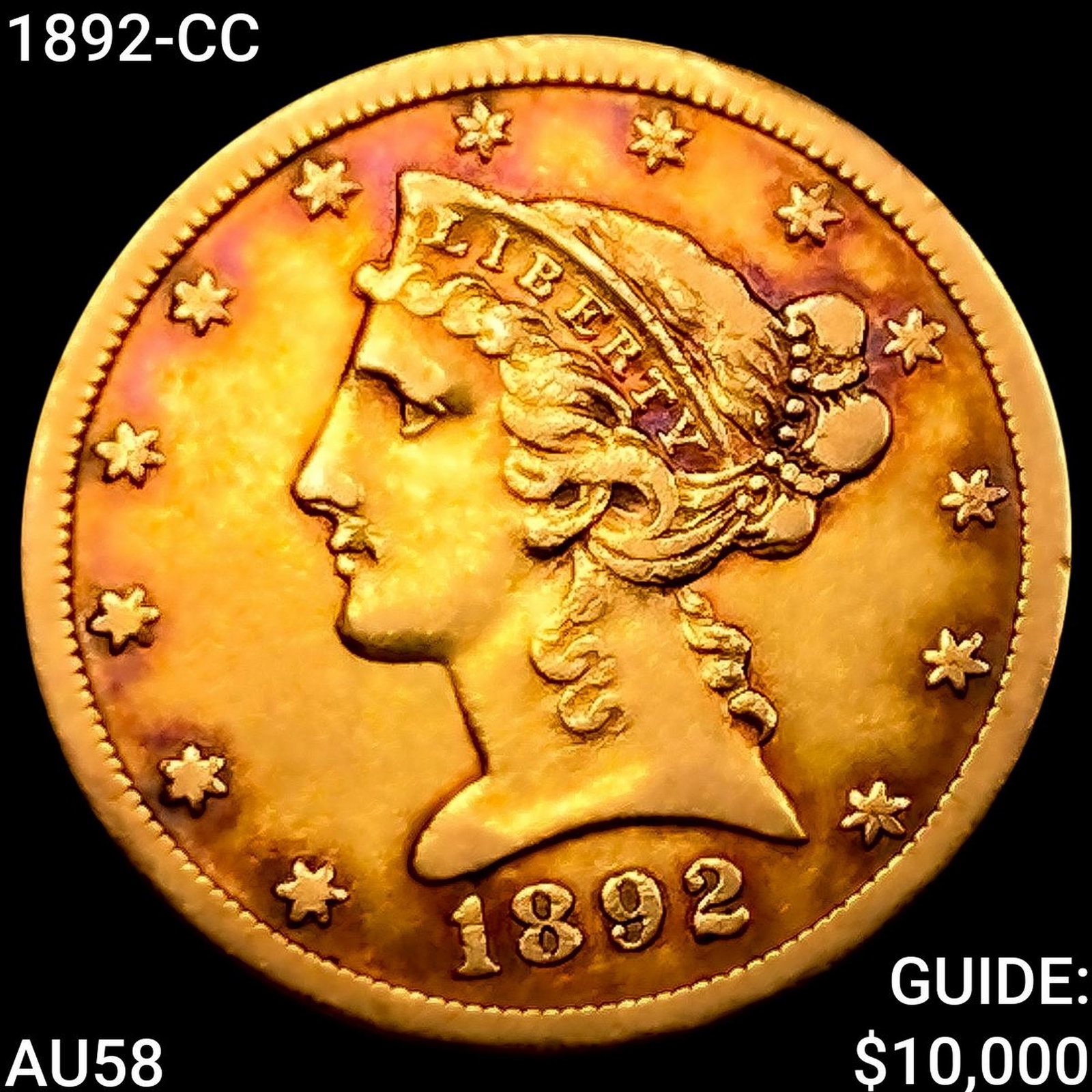 1892-CC $5 Gold Half Eagle CHOICE AU: 1892-CC $5 Gold Half Eagle CHOICE AU