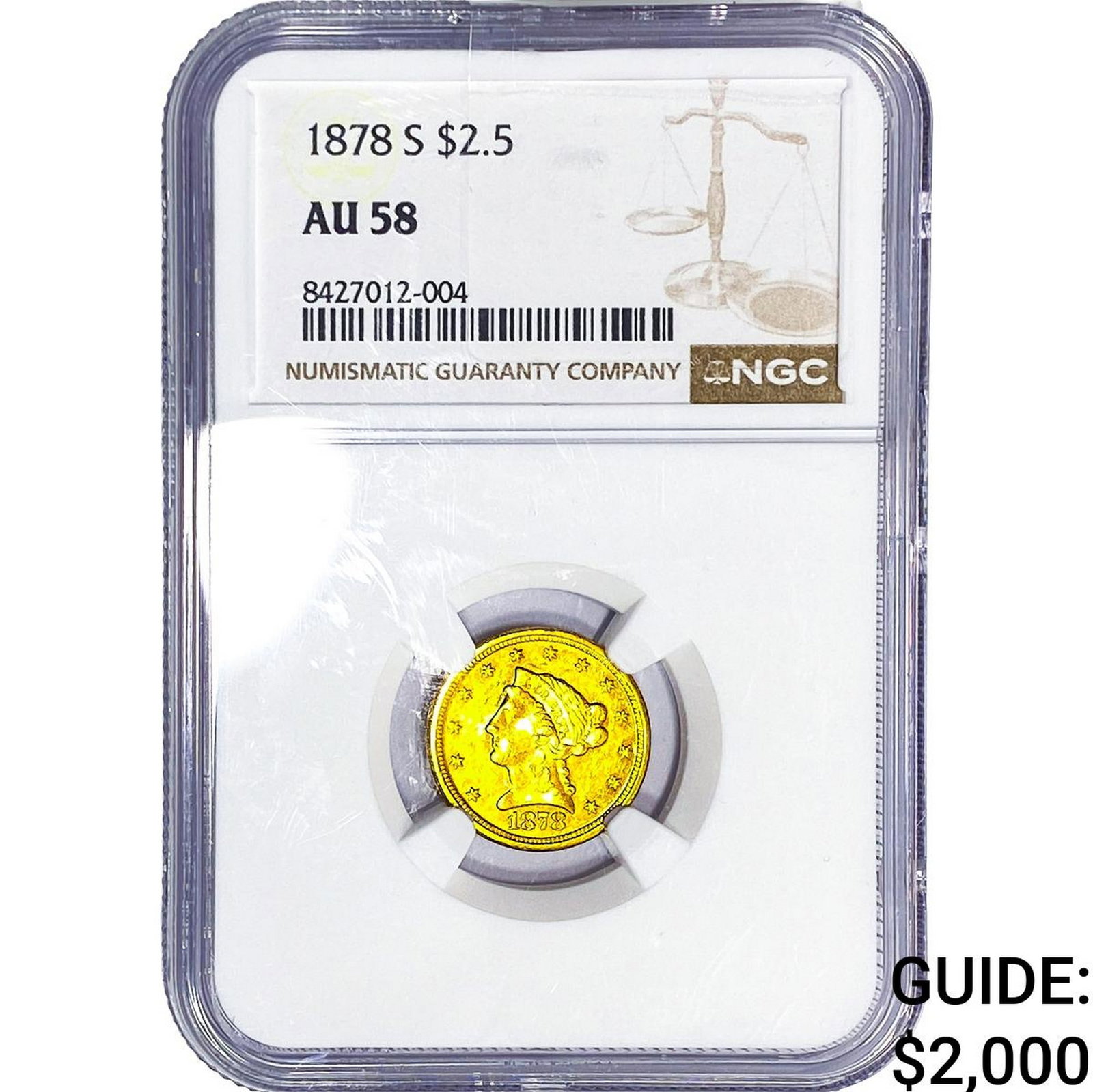 1878-S $2.50 Gold Quarter Eagle NGC AU58: 1878-S $2.50 Gold Quarter Eagle NGC AU58